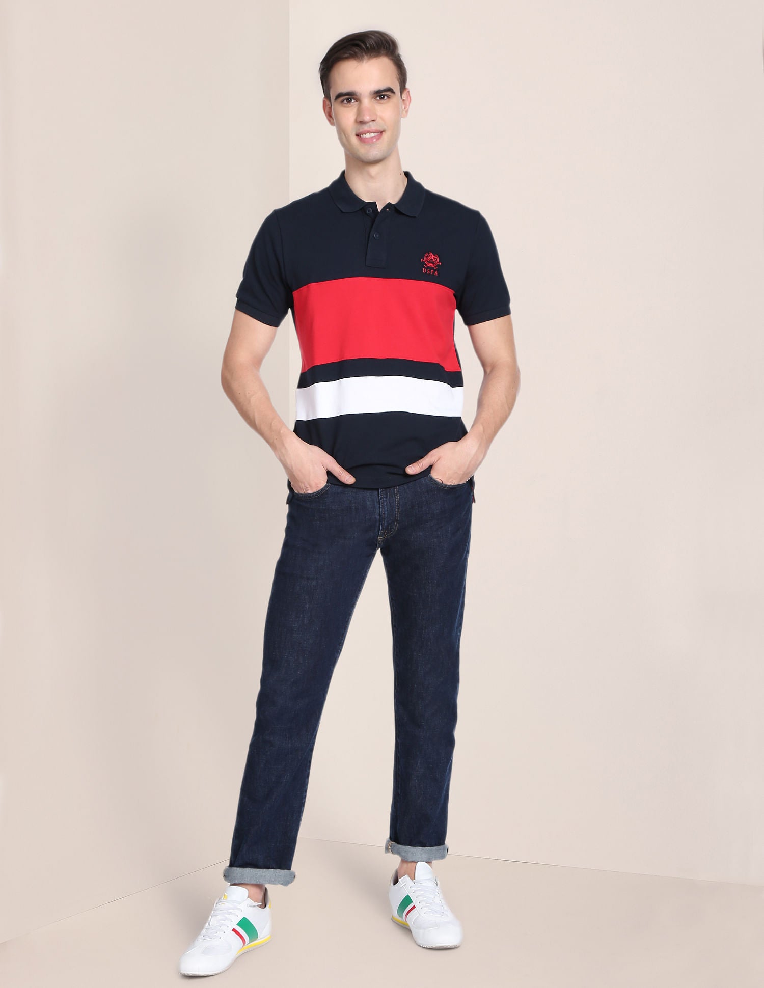 Colour Block Cotton Polo Shirt Navy - U.S. Polo Assn. India | Large