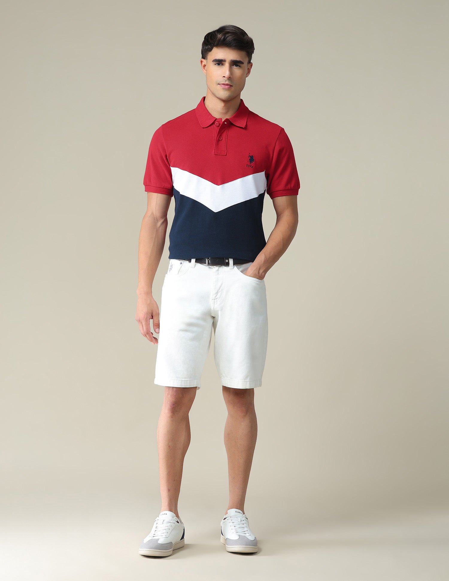 Ribbed Collar Colour Block Polo Shirt Red and Navy - U.S. Polo Assn. India | Large