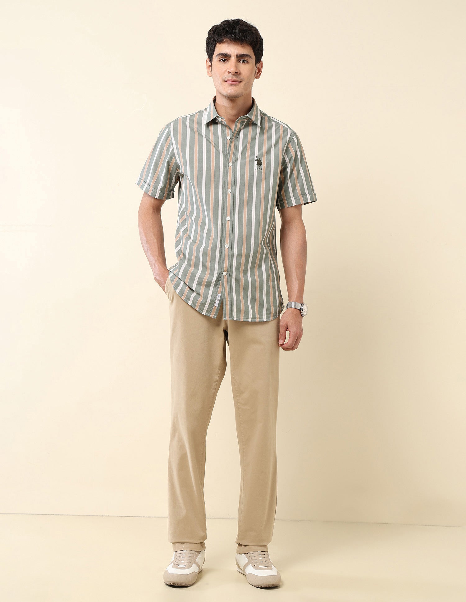 Vertical Striped Pure Cotton Shirt Green - U.S. Polo Assn. India | Large