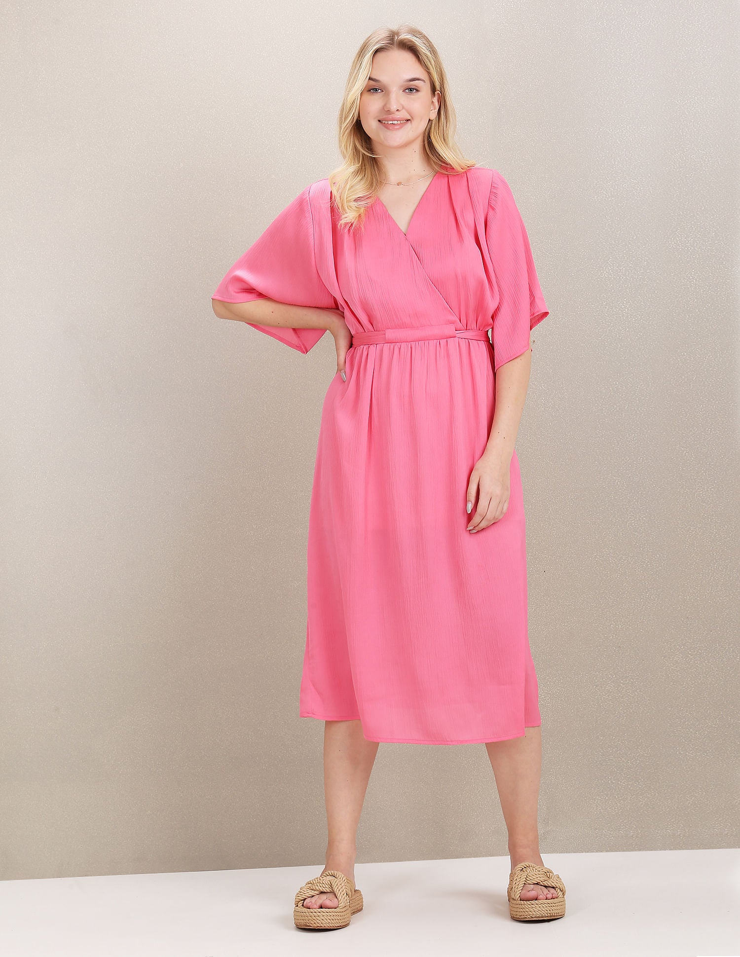 V-Neck Textured Midi Dress Pink - U.S. POLO ASSN. | Large