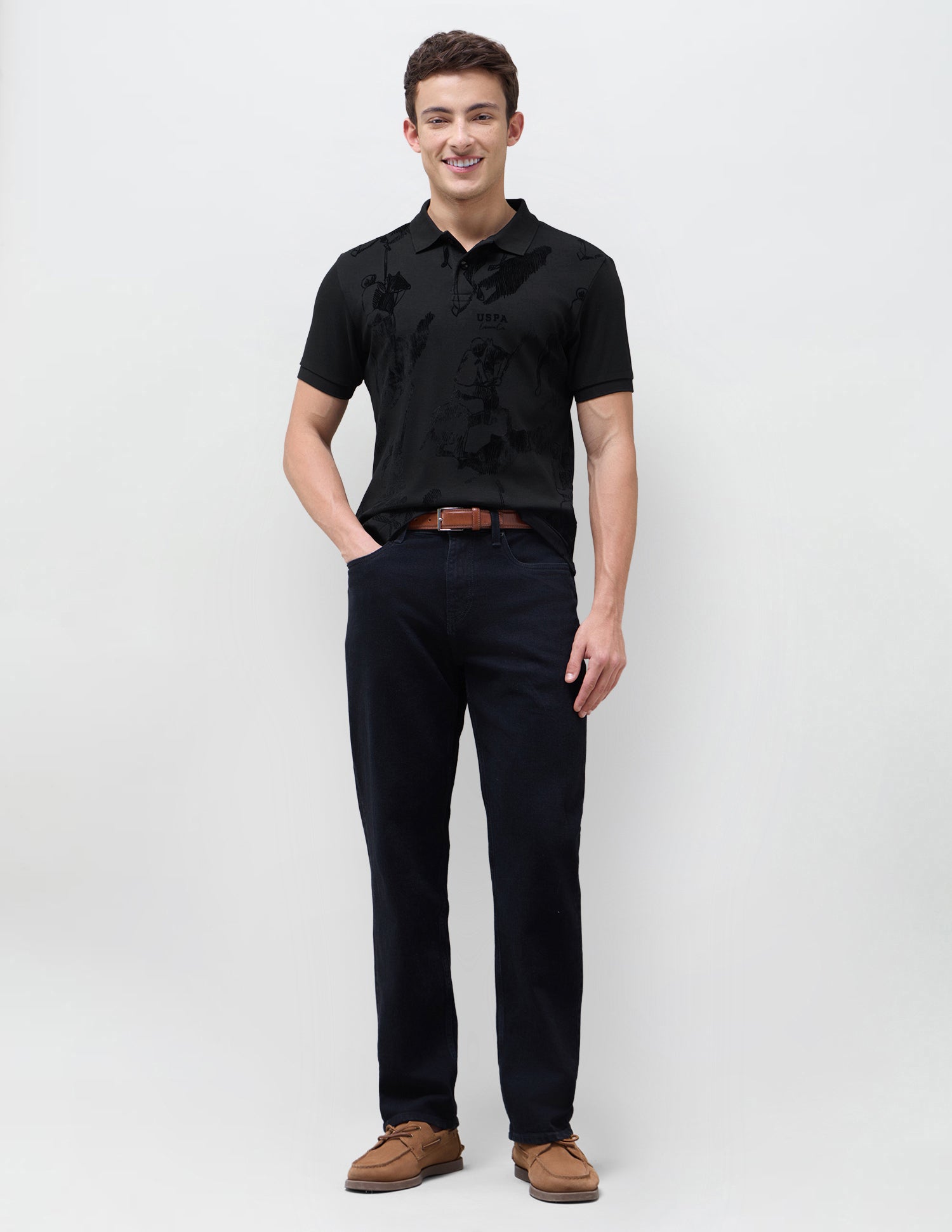 Graphic Brand Patterned Knit Polo Shirt Black - U.S. Polo Assn. India | Large