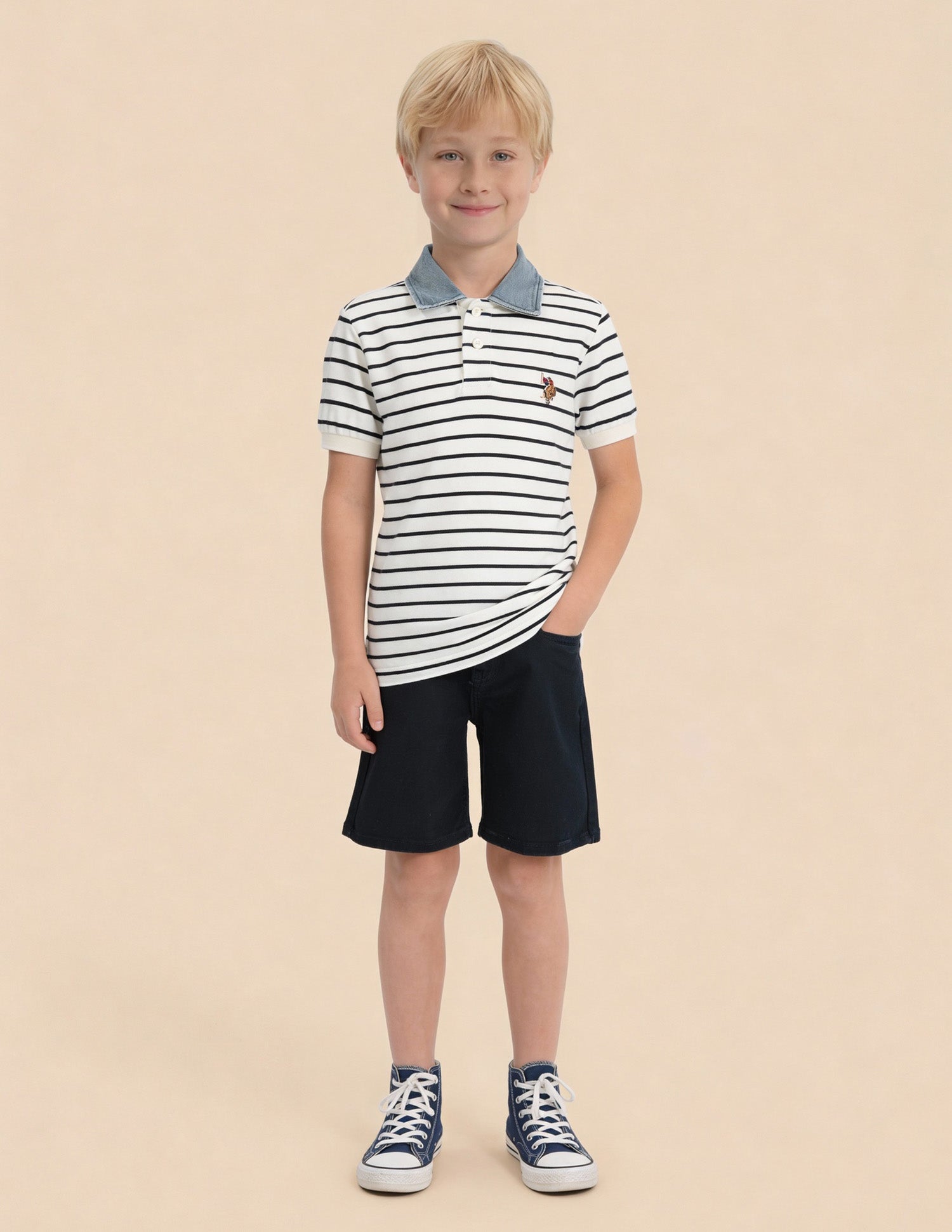 Boys Horizontal Striped Regular Fit Polo Shirt Off White - U.S. Polo Assn. India | Large