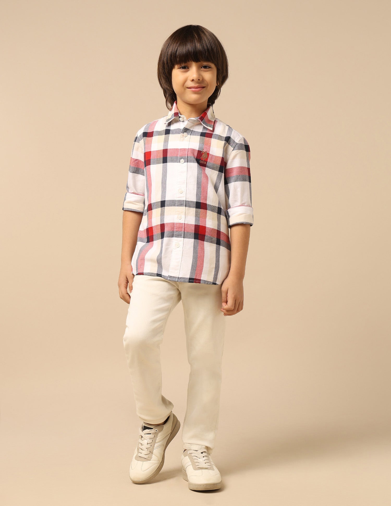 Boys Tartan Checked Oxford Shirt Beige - U.S. POLO ASSN. | Large