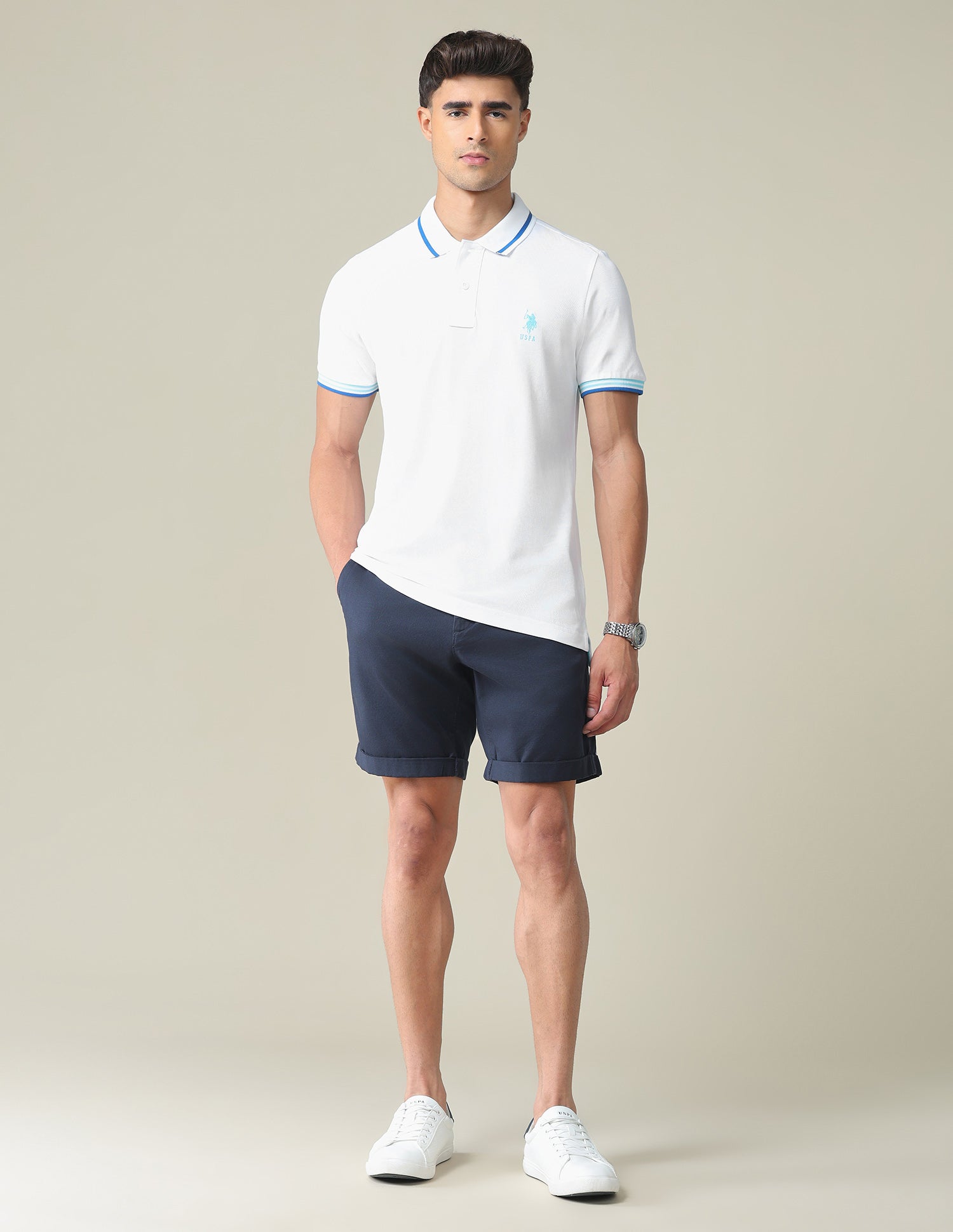 Striped Hem Cotton Polo Shirt White - U.S. POLO ASSN. | Large