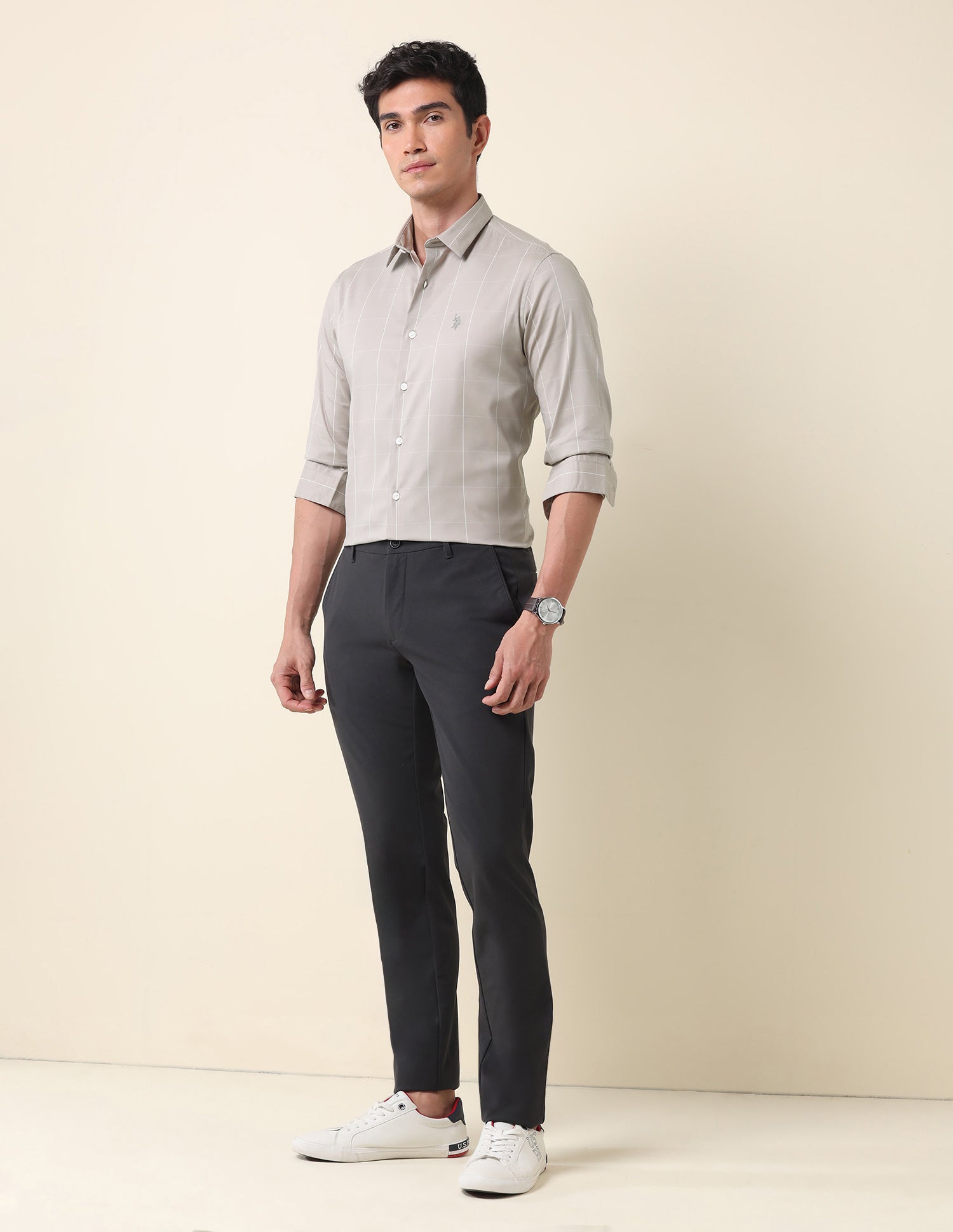 Windowpane Checked Twill Shirt Light Grey - U.S. Polo Assn. India | Large