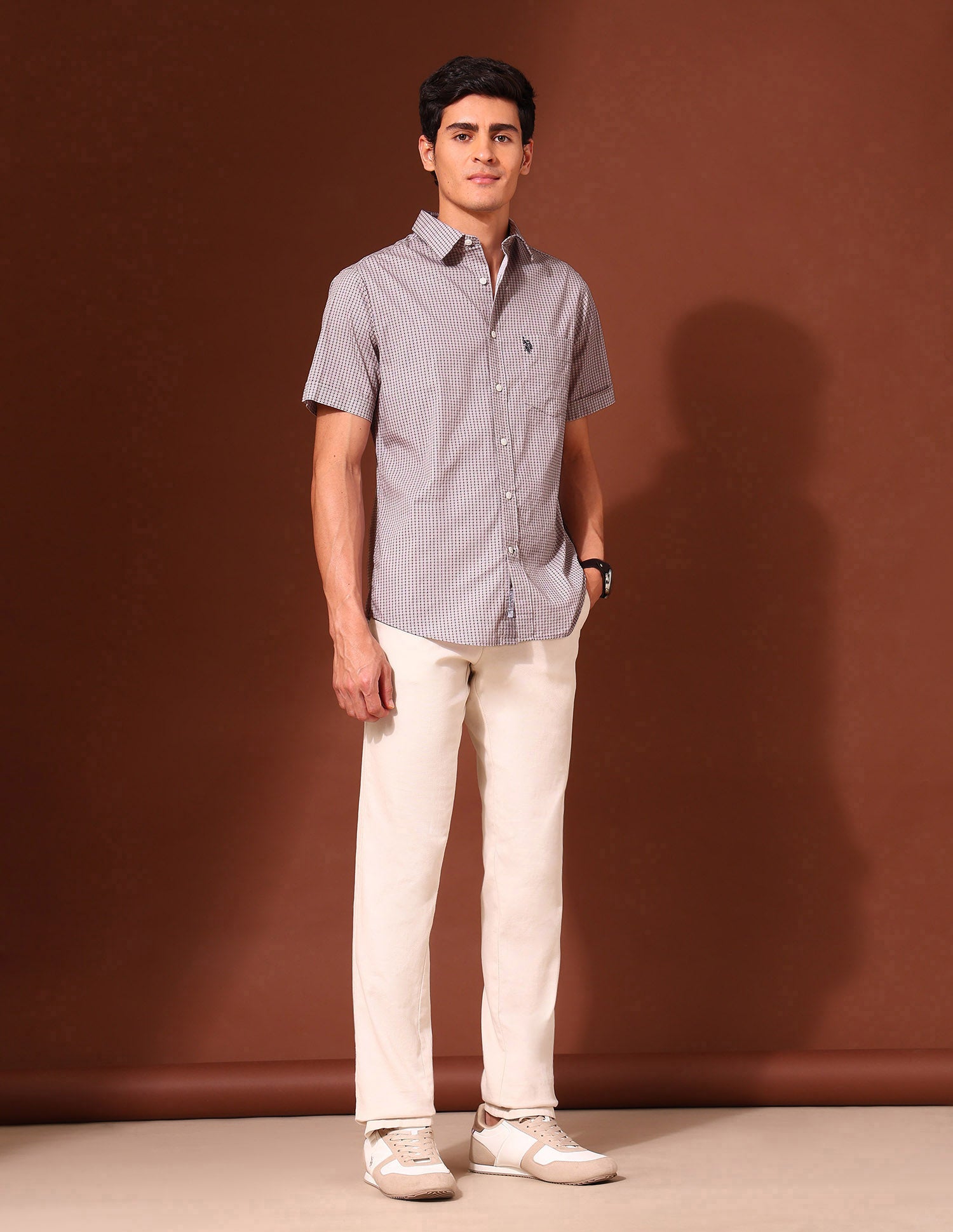 Geometric Printed Tailored Fit Shirt Beige - U.S. POLO ASSN. | Large