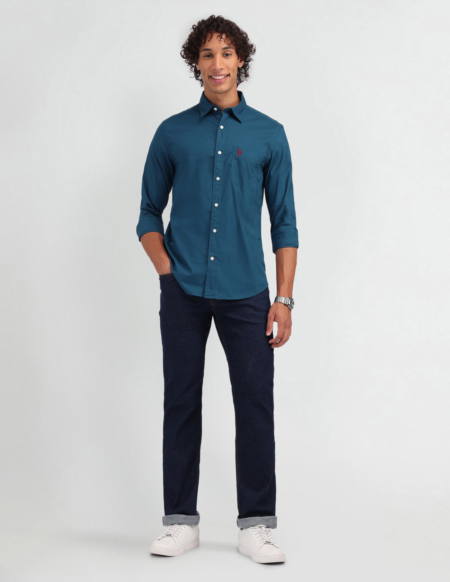 Solid Pattern Twill Shirt Teal - U.S. Polo Assn. India | Large