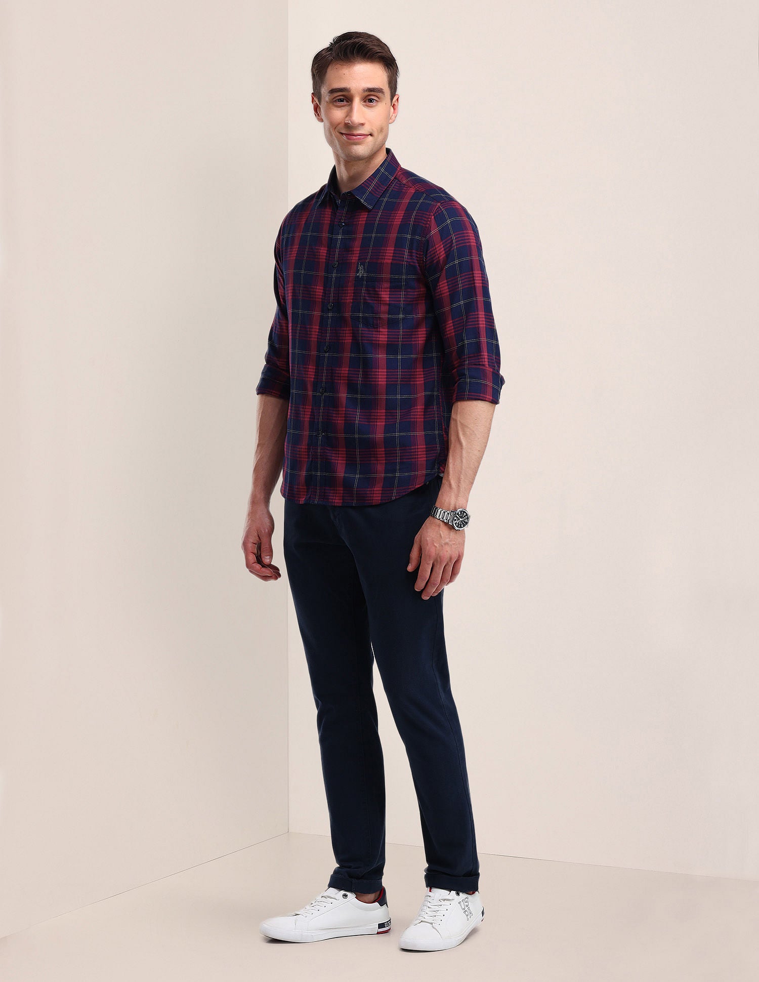 Tailored Fit Checked Shirt Navy - U.S. Polo Assn. India | Large