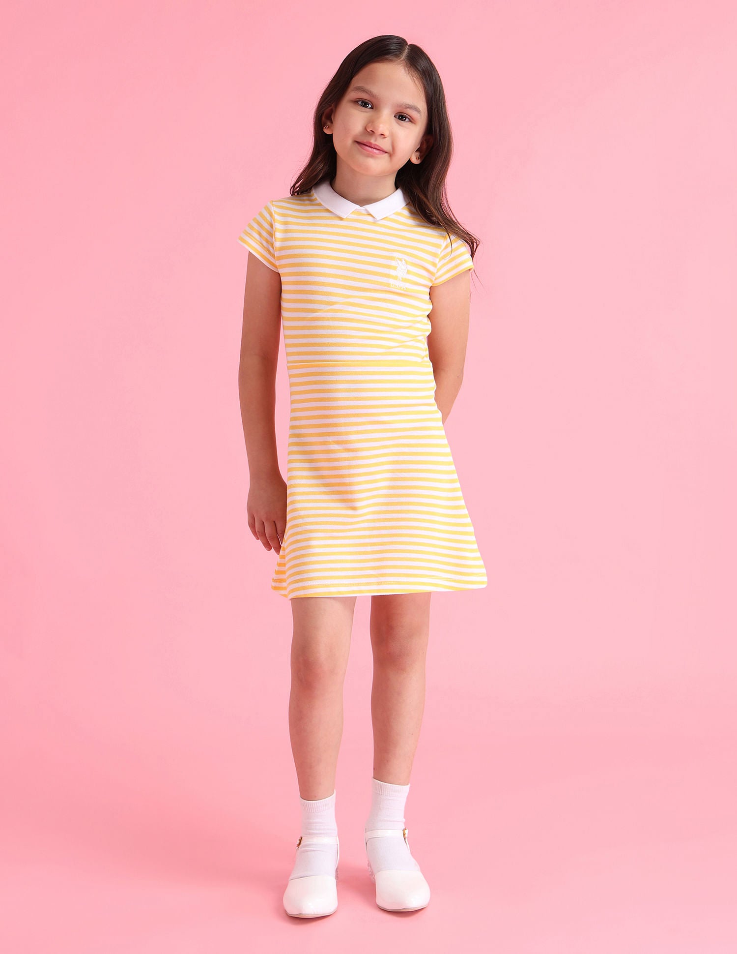 Girls Horizontal Stripes A-Line Dress Orange - U.S. Polo Assn. India | Large