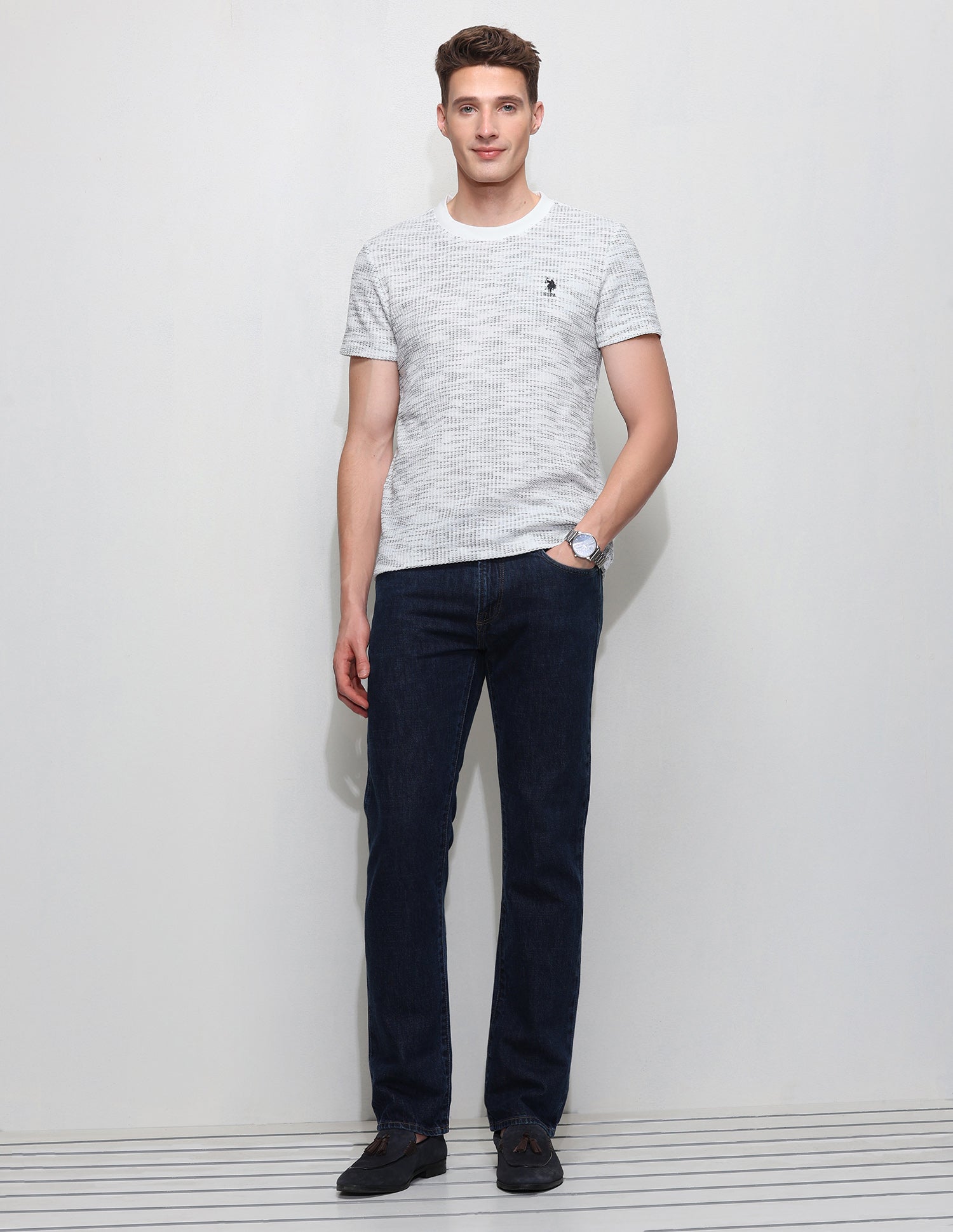 Textured Slim Fit T-Shirt Off White - U.S. Polo Assn. India | Large