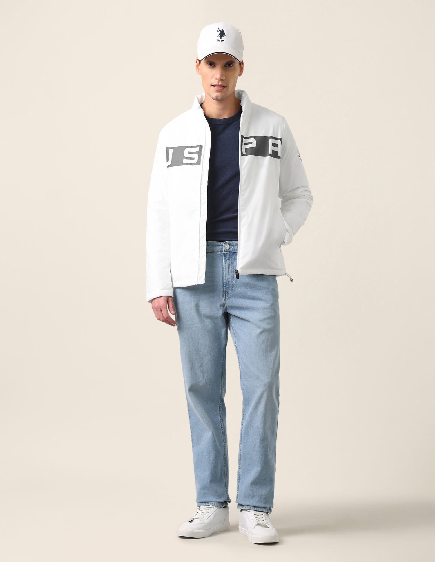 High Neck Brand Print Polyester Casual Jacket White - U.S. Polo Assn. India | Large
