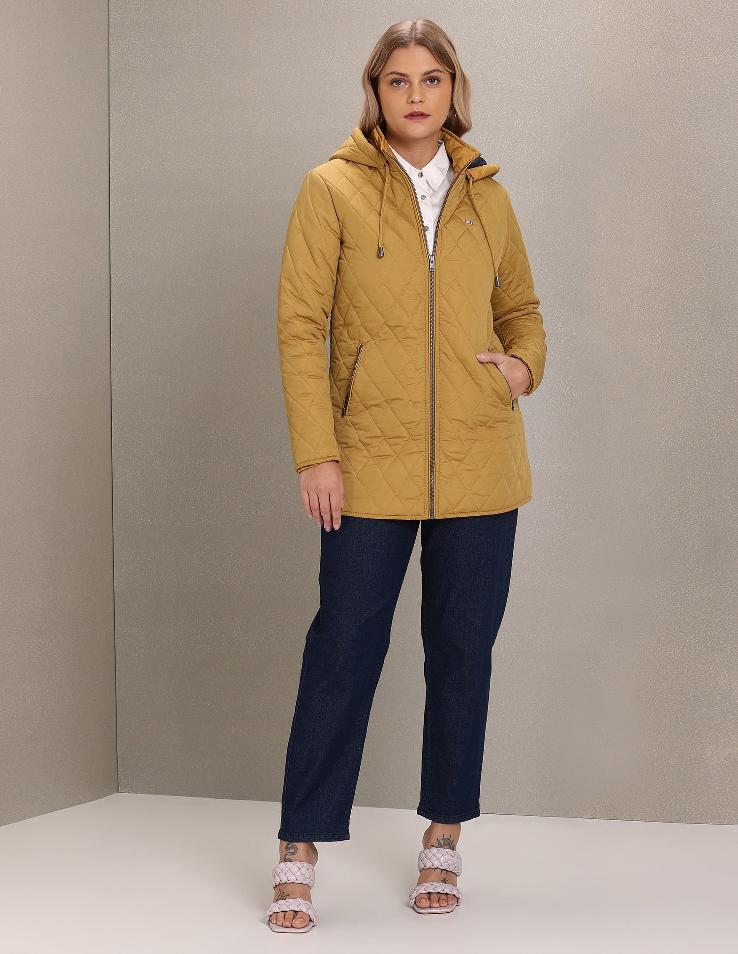 Solid High Neck Quilted Jacket Mustard - U.S. POLO ASSN. | Large