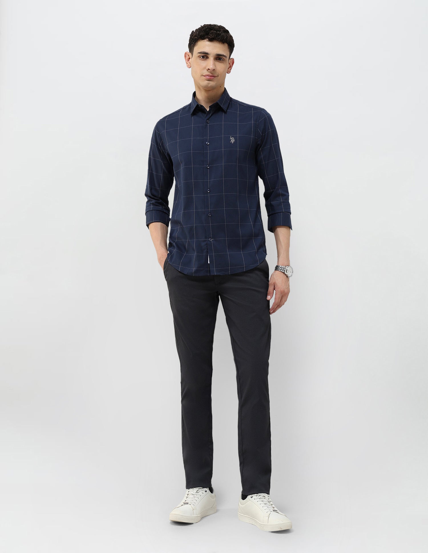 Windowpane Checked Tailored Fit Shirt Navy - U.S. POLO ASSN. | Large