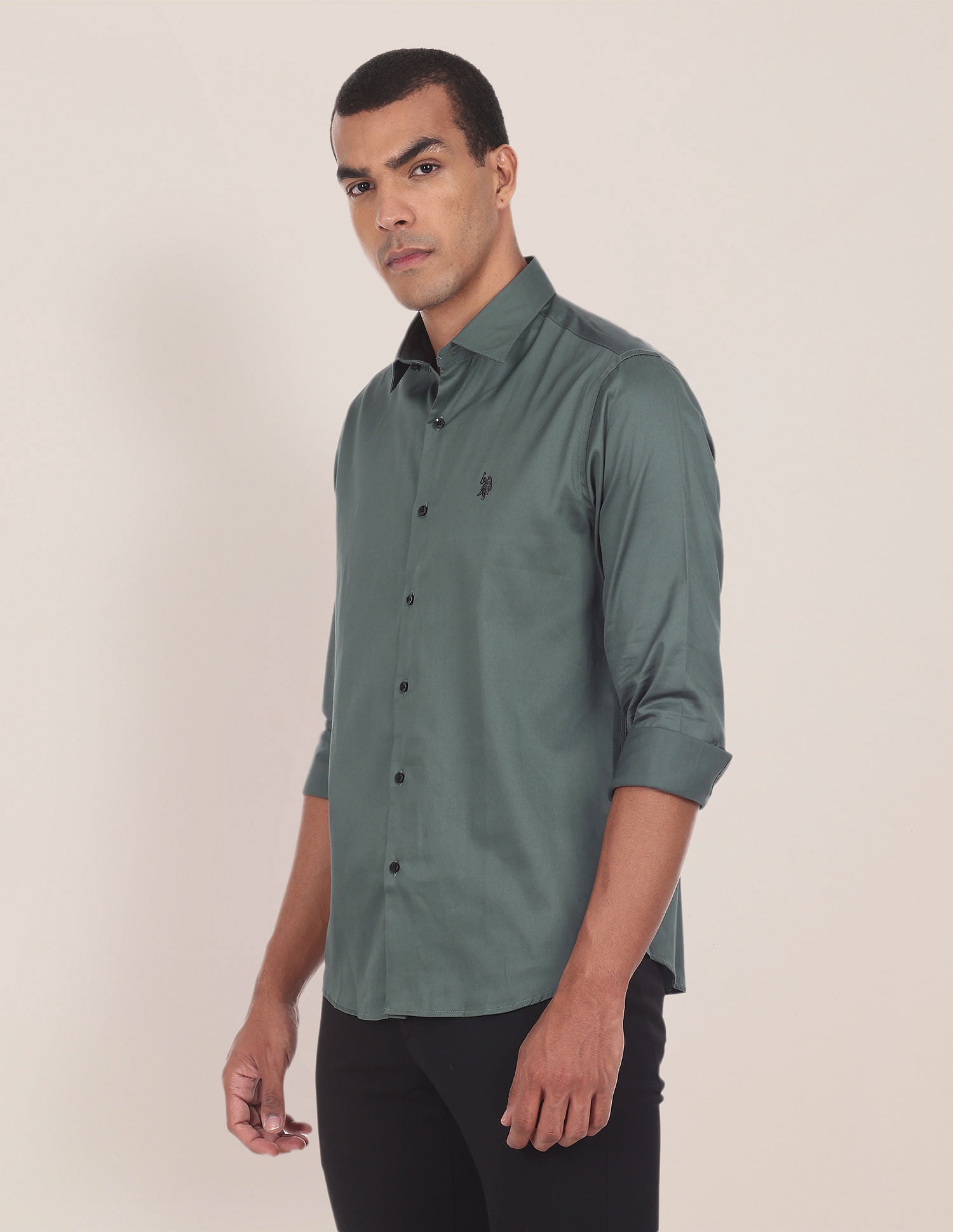 Spread Collar Cotton Stretch Shirt Sage Green - U.S. POLO ASSN. | Large