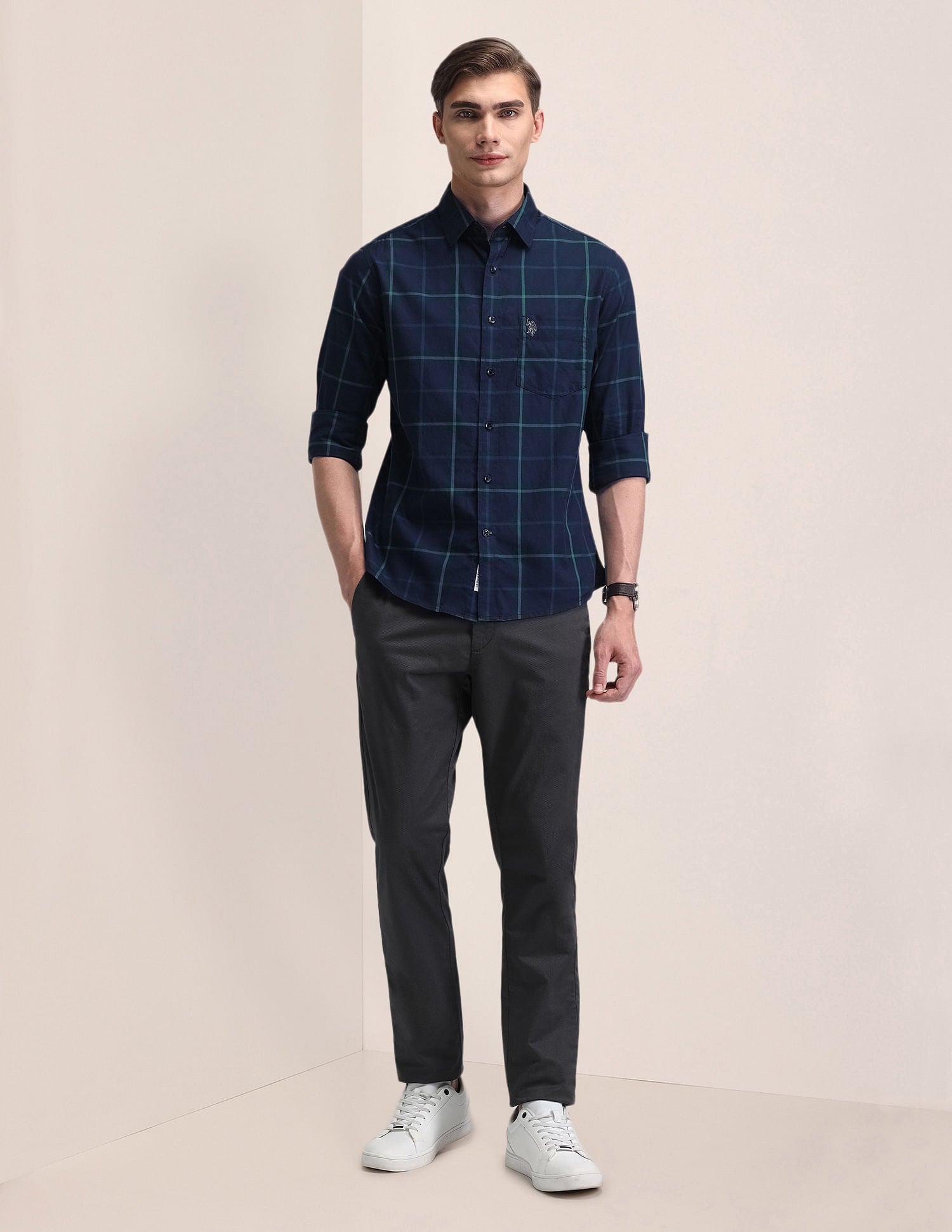 Windowpane Checked Tailored Fit Shirt Navy - U.S. Polo Assn. India | Large