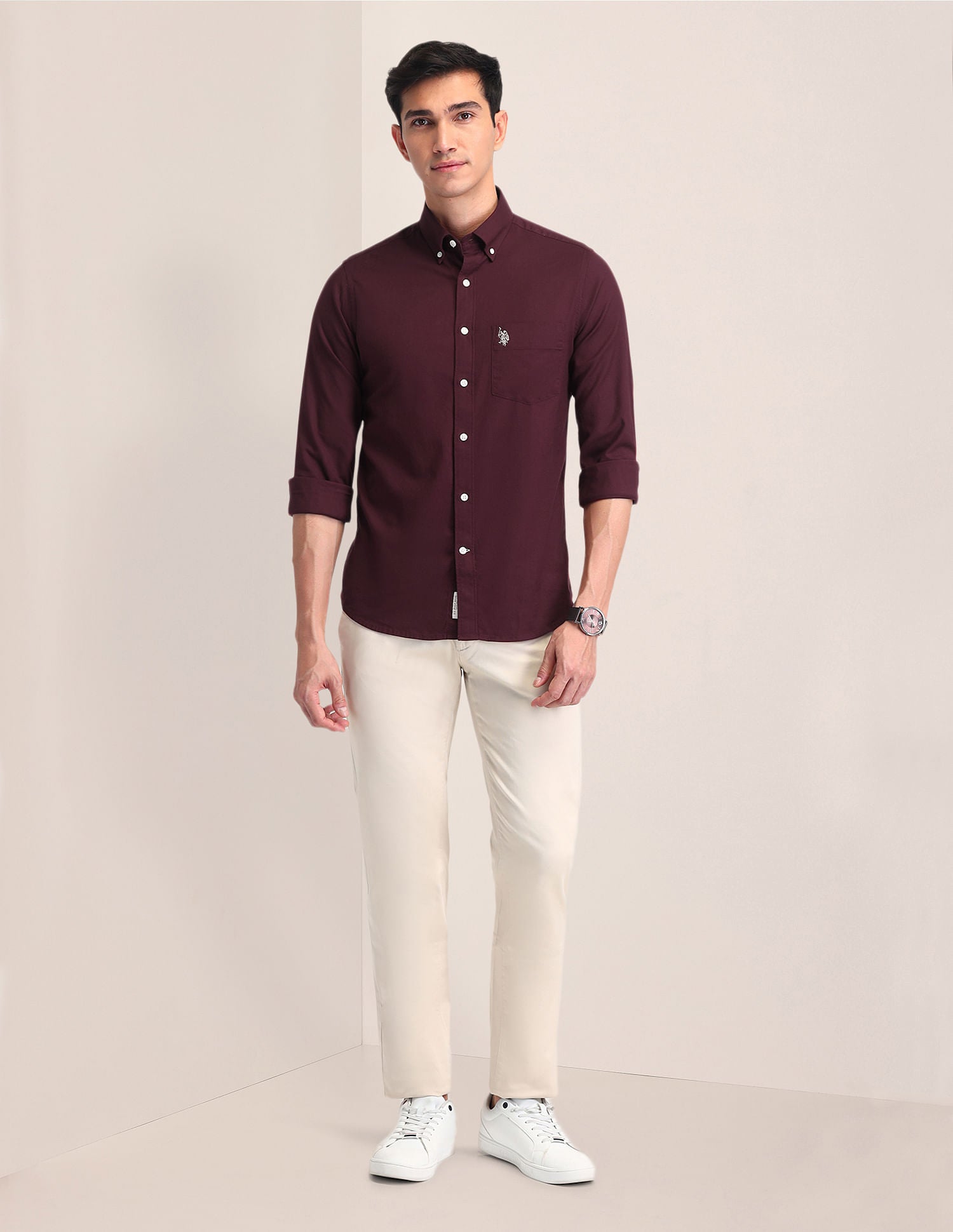 Button Down Collar Tailored Fit Shirt Maroon - U.S. Polo Assn. India | Large