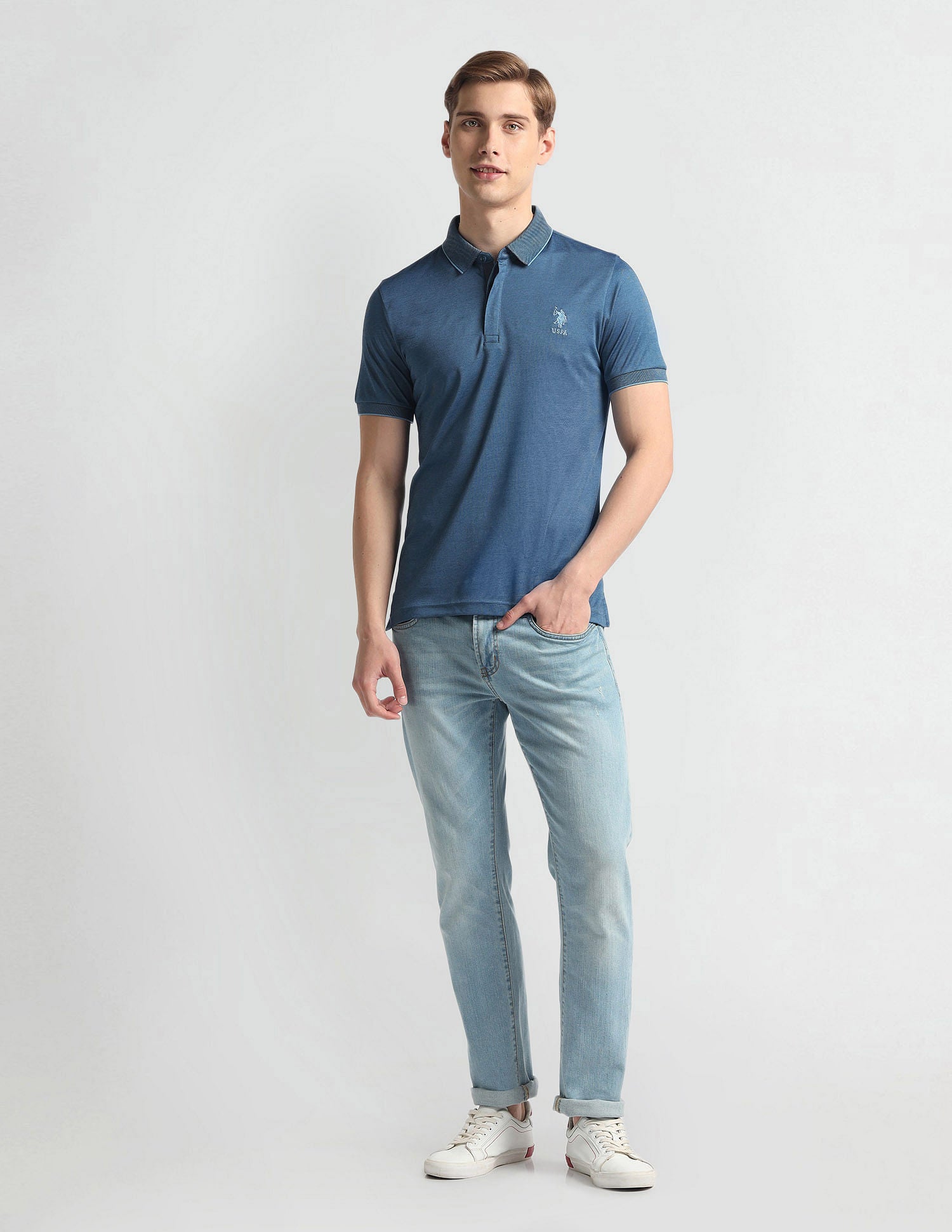 Ribbed Collar Solid Polo Shirt Blue - U.S. Polo Assn. India | Large