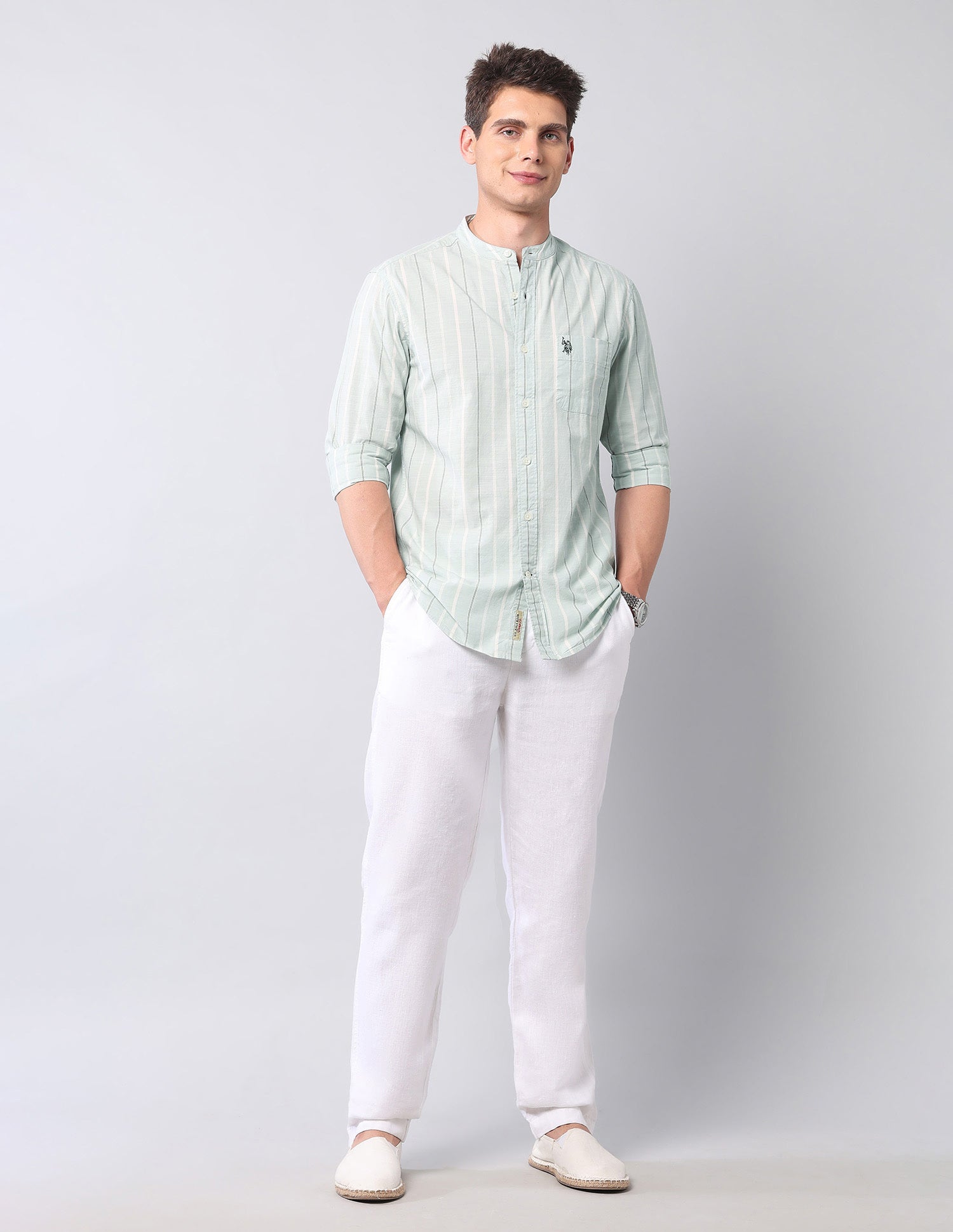 Vertical Striped Pure Cotton Shirt Light Green - U.S. Polo Assn. India | Large