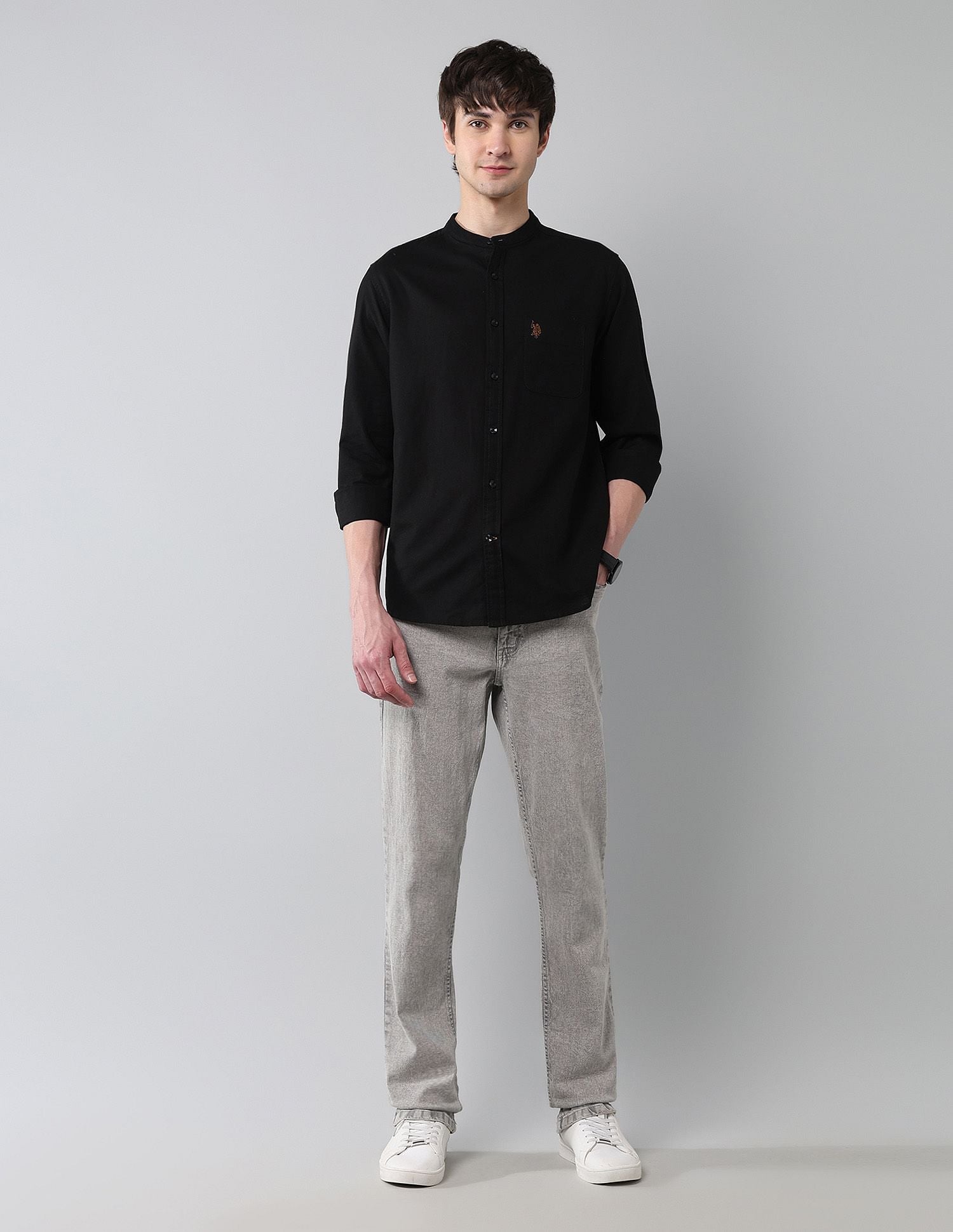 Solid Slub Mandarin Collar Shirt Black - U.S. Polo Assn. India | Large