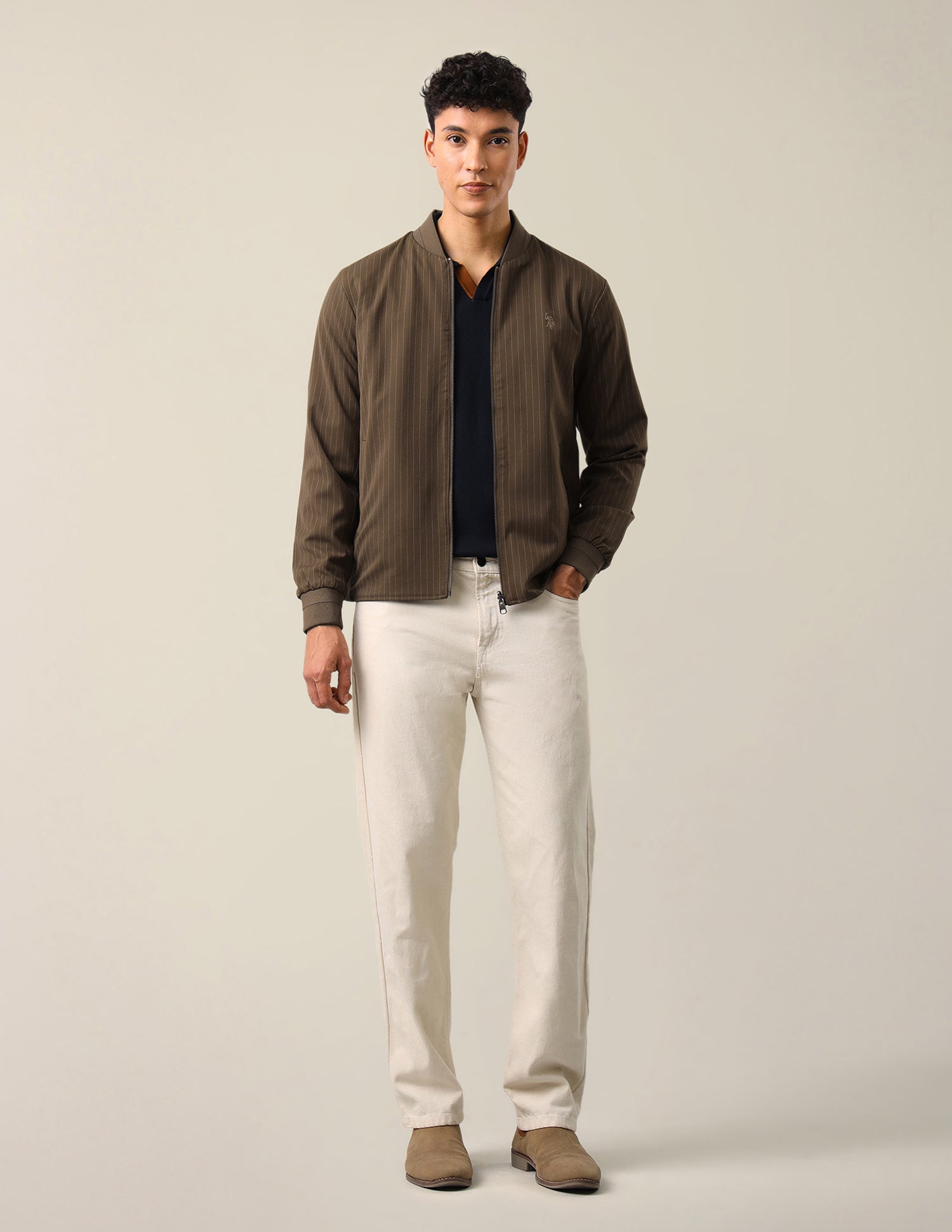 Vertical Striped Regular Fit Bomber Jacket Brown - U.S. Polo Assn. India | Large