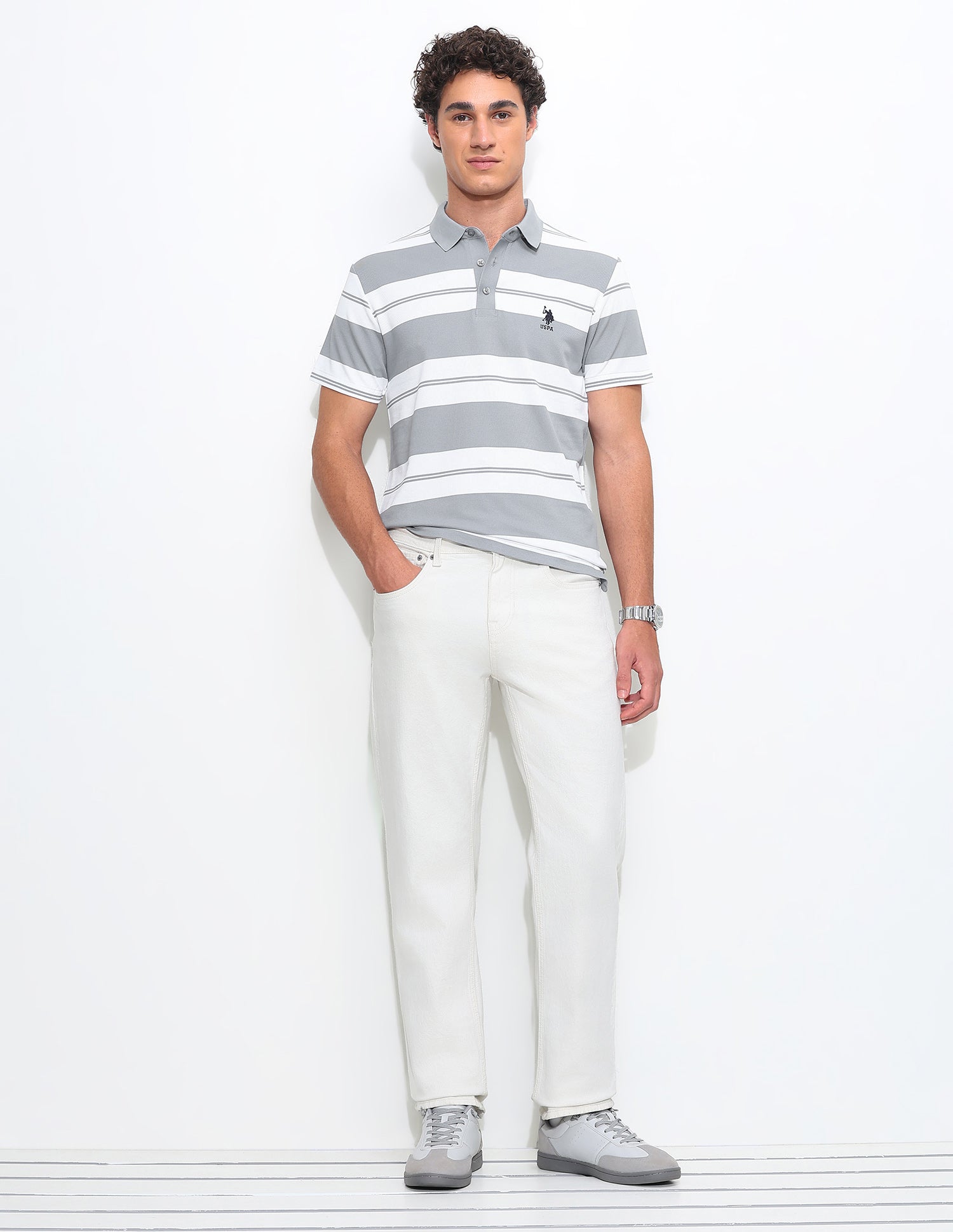 Horizontal Striped Slim Fit Polo Shirt Light Grey - U.S. Polo Assn. India | Large