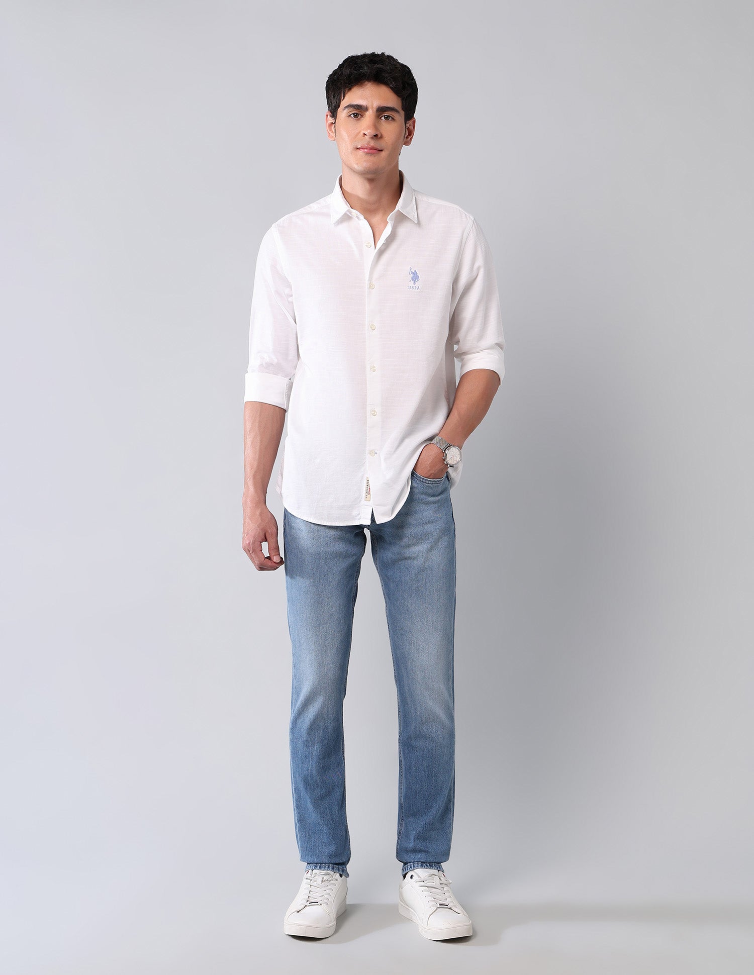Pure Cotton Regular Fit Dobby Shirt White - U.S. Polo Assn. India | Large