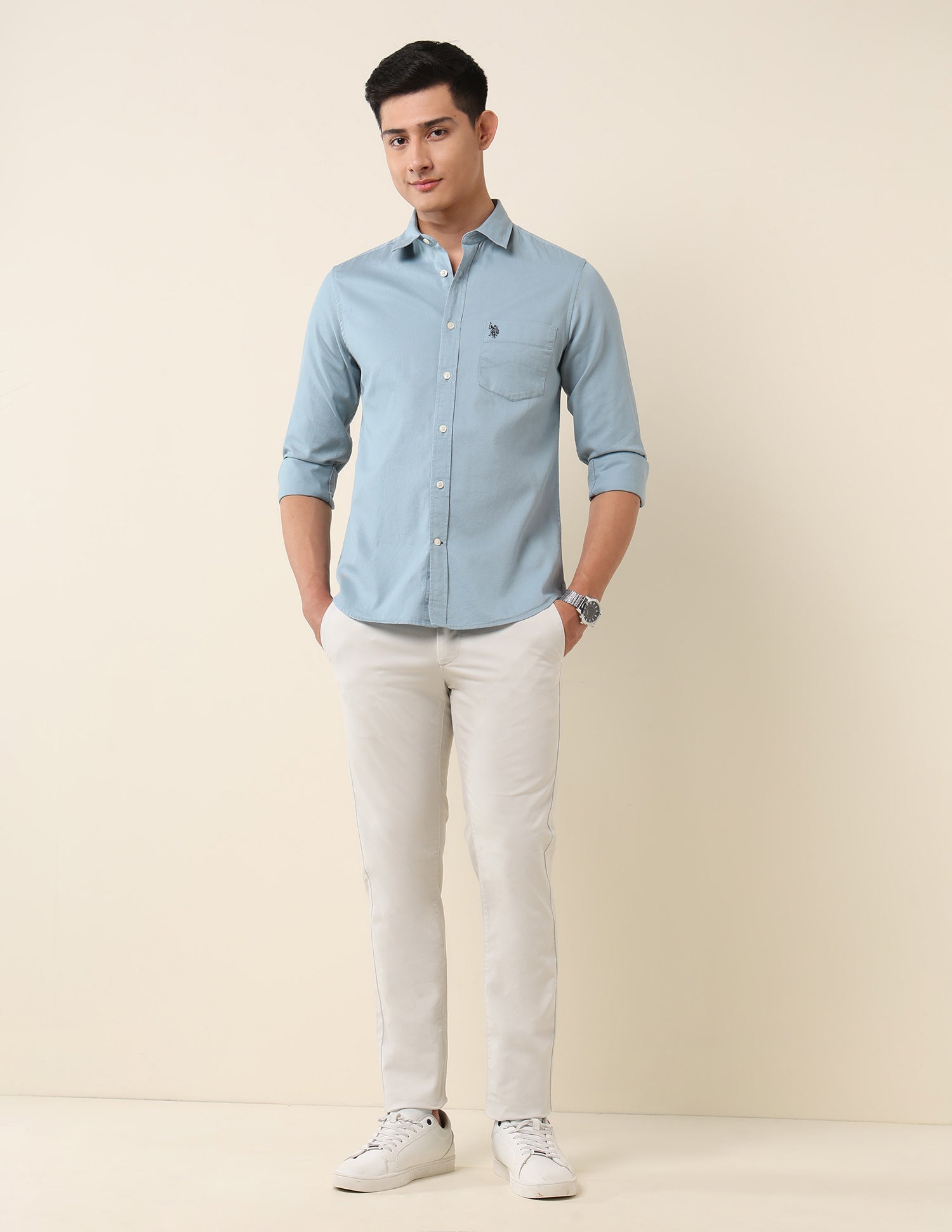 Pure Cotton Dobby Tailored Fit Shirt Light Blue - U.S. Polo Assn. India | Large