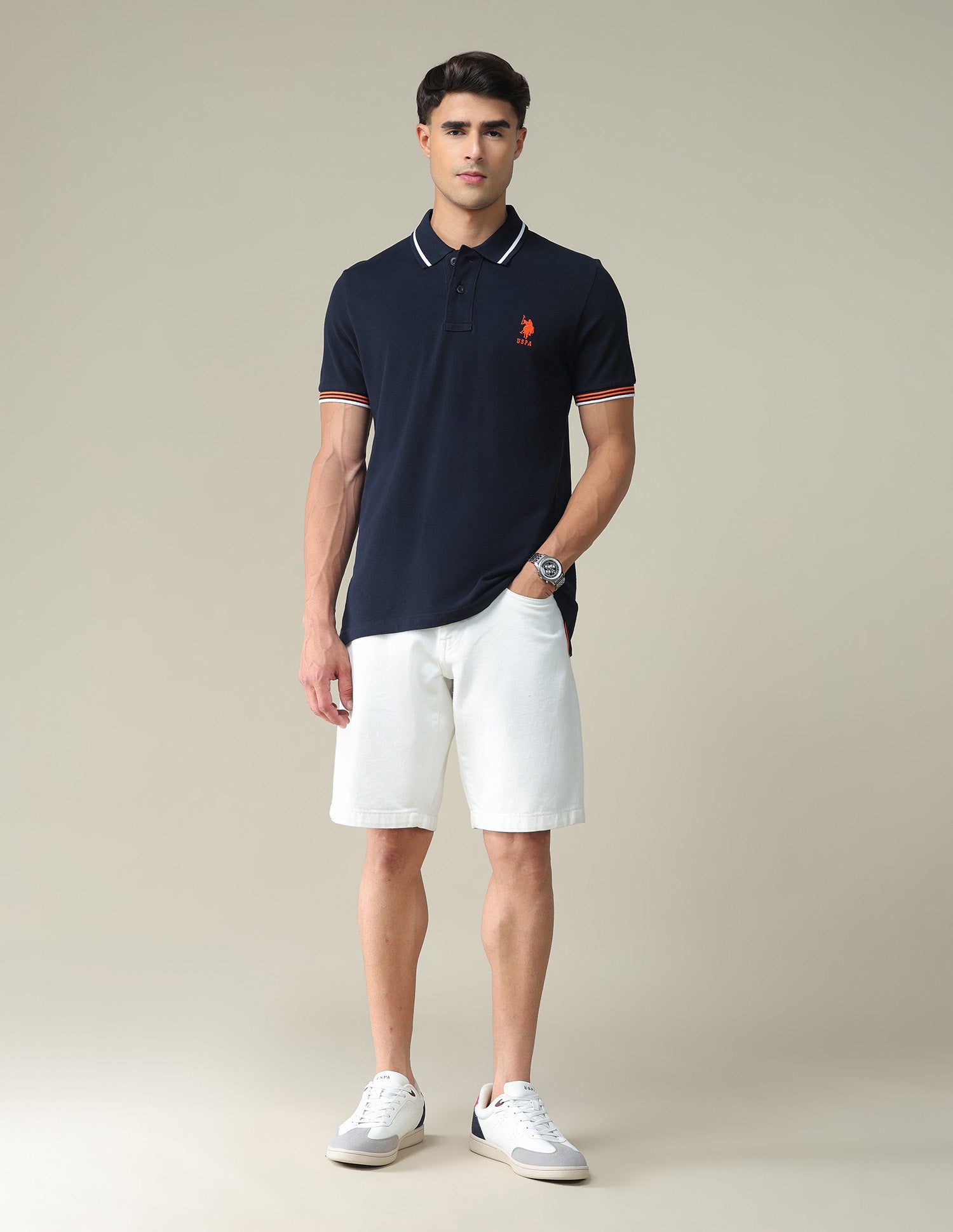 Striped Collar Solid Polo Shirt Navy - U.S. POLO ASSN. | Large