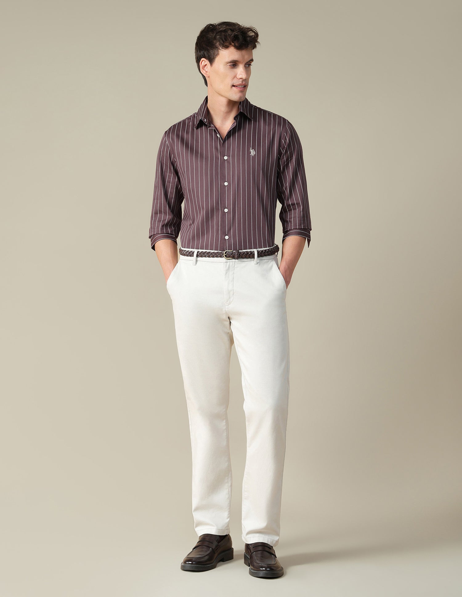 Tailored Fit Vertical Striped Shirt Brown - U.S. Polo Assn. India | Large