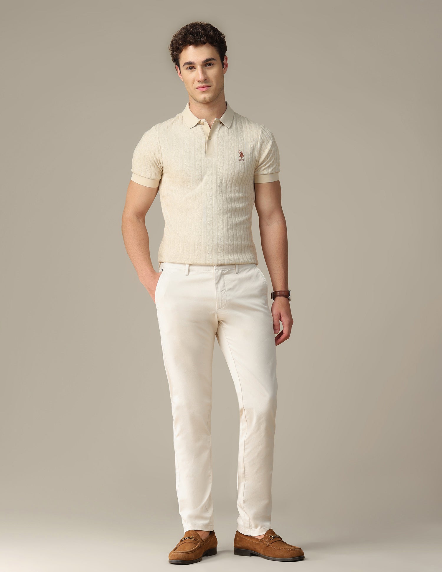 Denver slim fit Twill Trousers Ecru - U.S. Polo Assn. India | Large