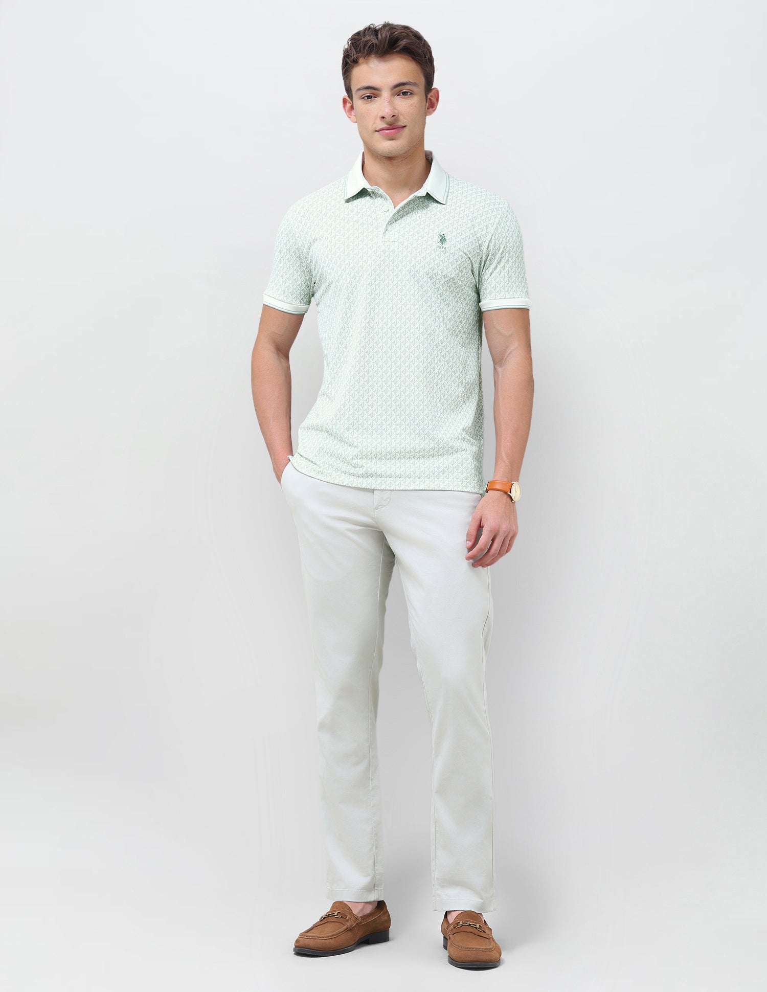 Geometric Printed Slim Fit Polo Shirt Light Green - U.S. Polo Assn. India | Large
