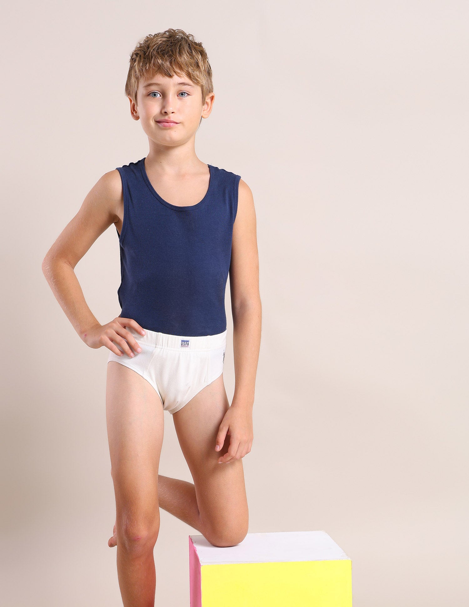 Boys Cotton Spandex Solid Briefs - Pack Of 3 Orange, Blue and White - U.S. POLO ASSN. | Large