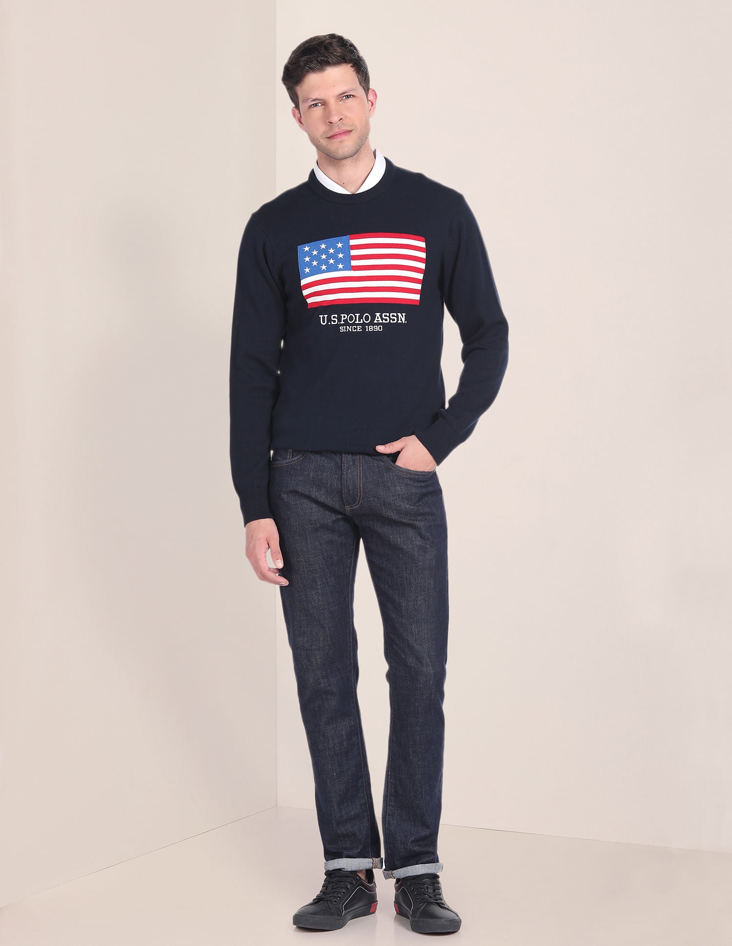 Crew Neck Brand Embroidered Sweater Navy - U.S. POLO ASSN. | Large