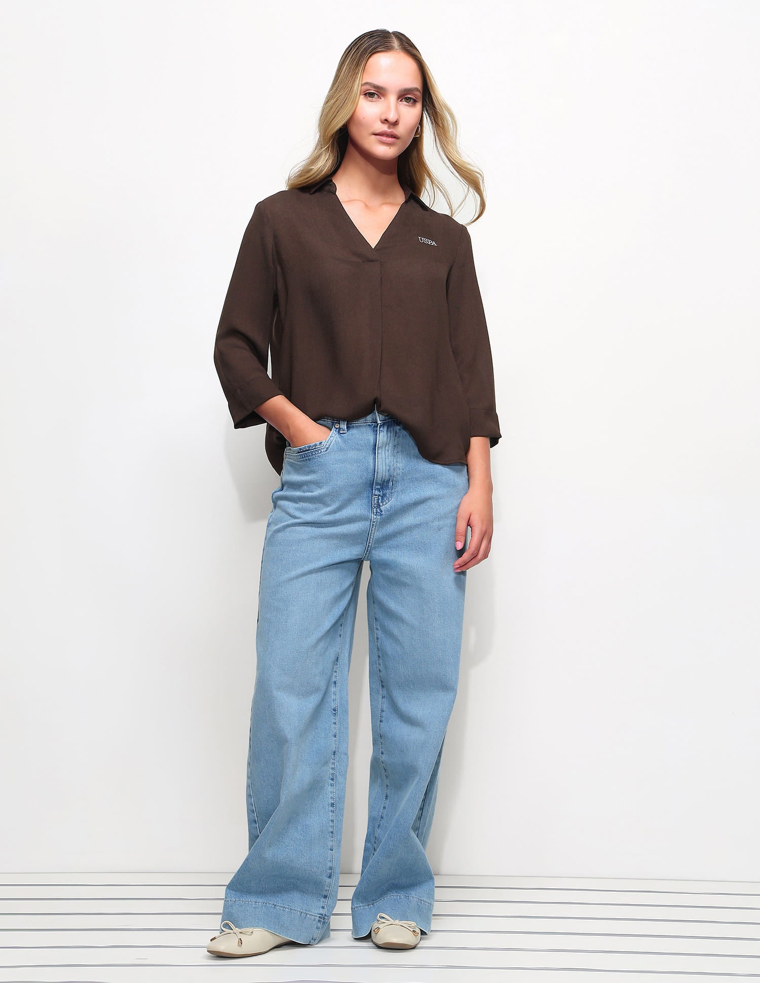 Textured Knotch Collar Top Brown - U.S. Polo Assn. India | Large