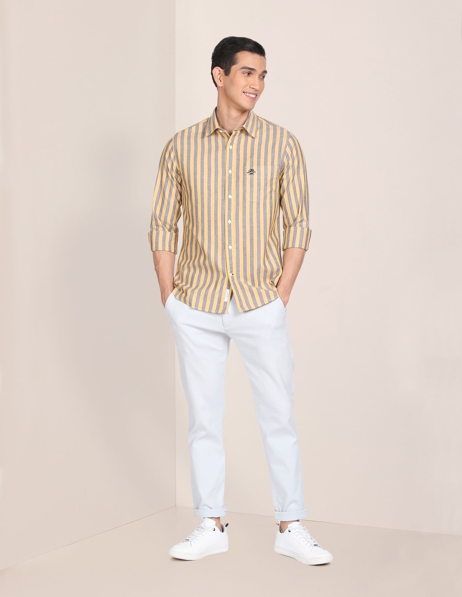 Men Yellow And Grey Pure Cotton Striped Casual Shirt Yellow and Grey - U.S. POLO ASSN. | Large