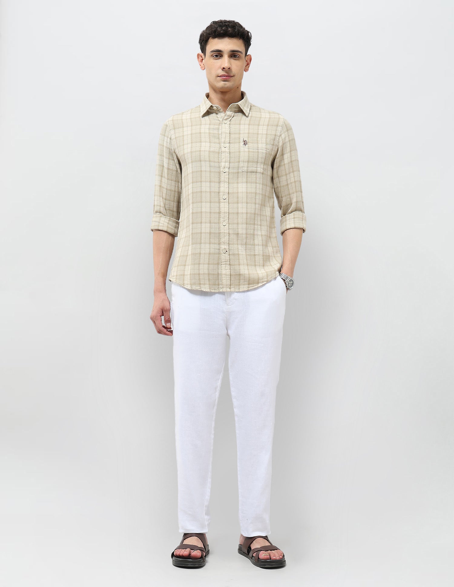 Tartan Checked Dobby Shirt Light Beige - U.S. Polo Assn. India | Large