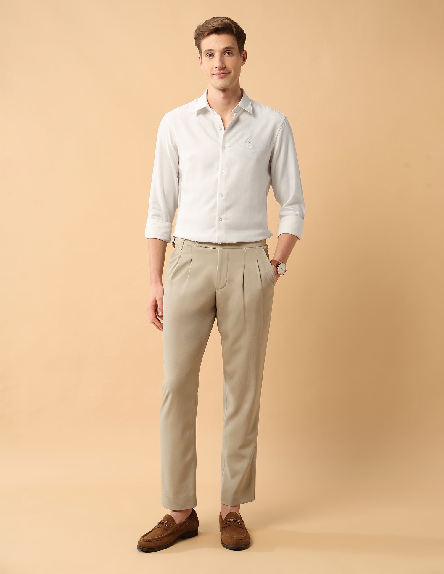 Pacho X Twill Tailored Fit Shirt Ivory - U.S. Polo Assn. India | Large