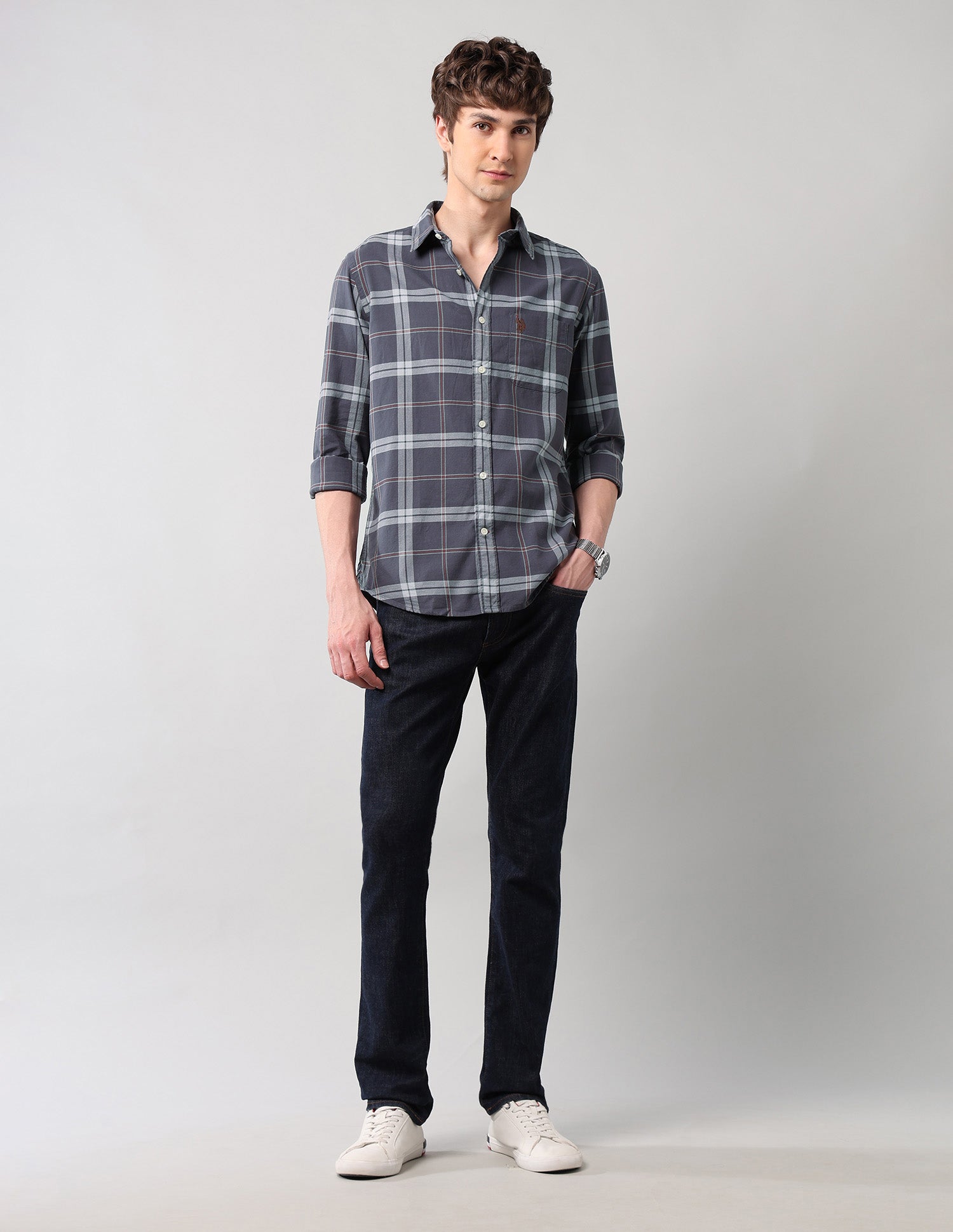 Grid Tattersall Checked Pure Cotton Shirt Grey - U.S. POLO ASSN. | Large