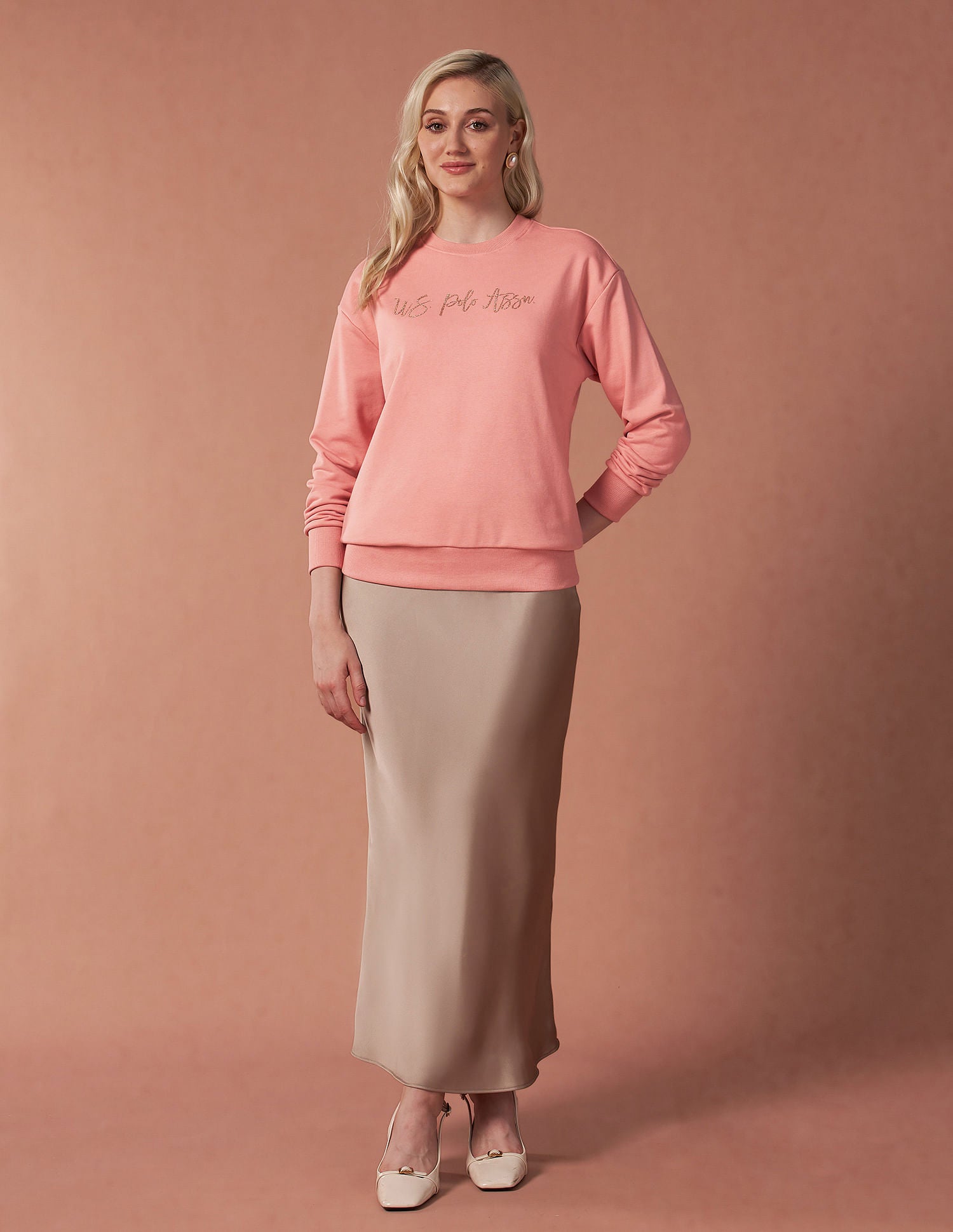 Drop Shoulder Glitter Print Sweatshirt Peach - U.S. POLO ASSN. | Large