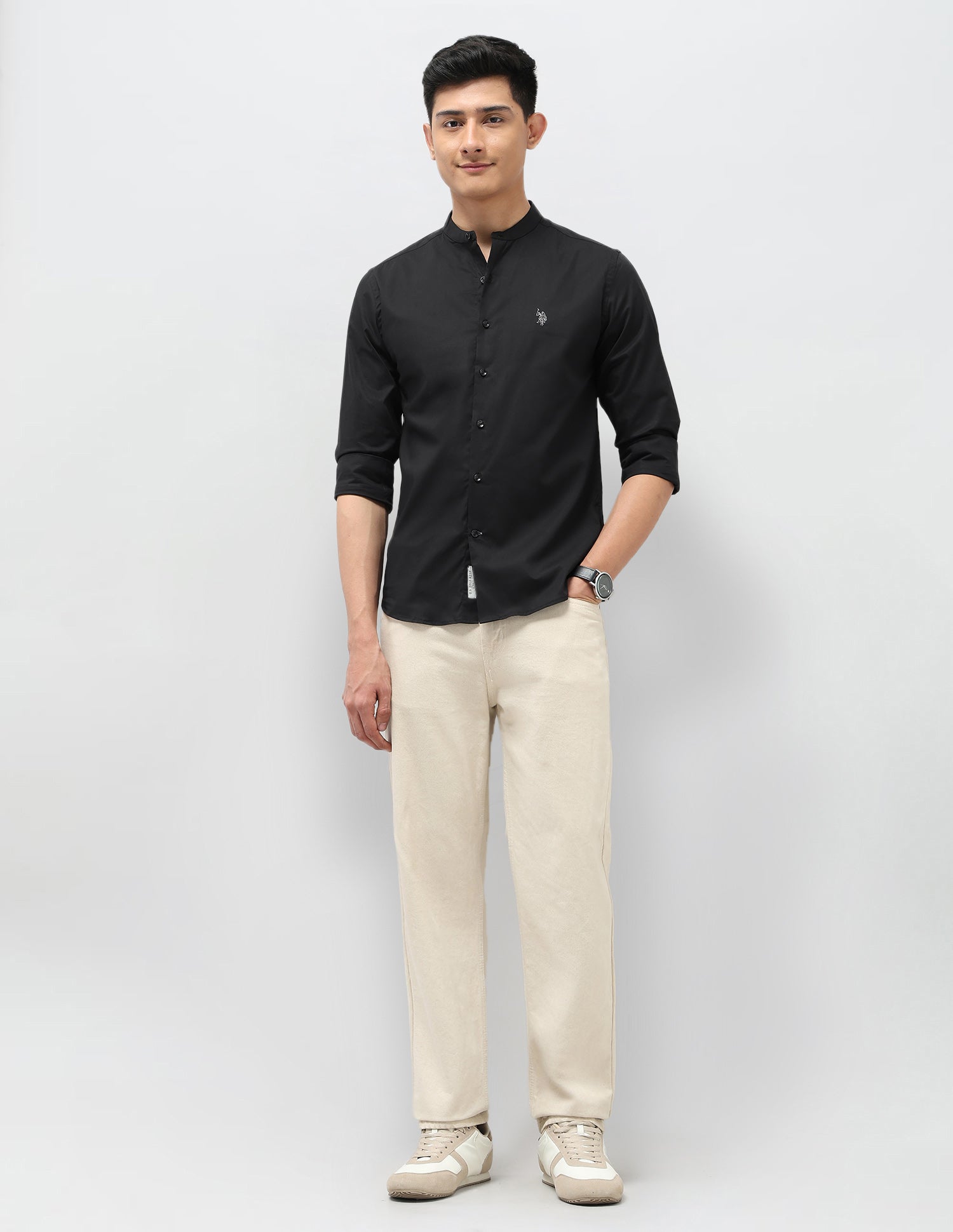 Solid Regular Fit Mandarin Shirt Black - U.S. POLO ASSN. | Large
