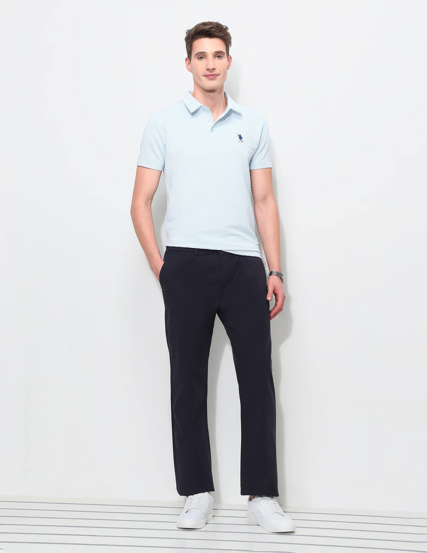 Textured White Harbour Polo Shirt Light Blue - U.S. Polo Assn. India | Large