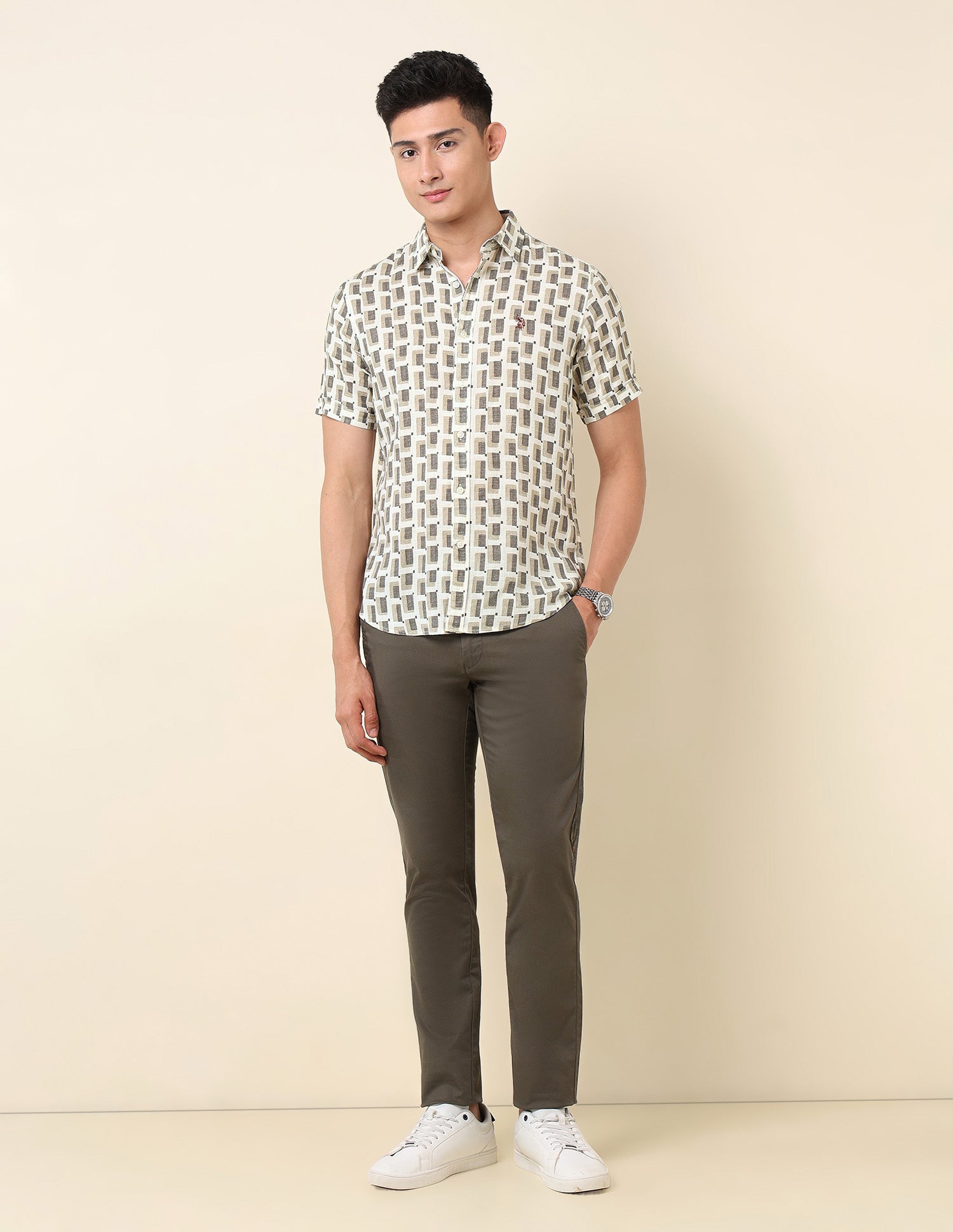 Geometric Printed Pure Cotton Shirt Grey - U.S. Polo Assn. India | Large