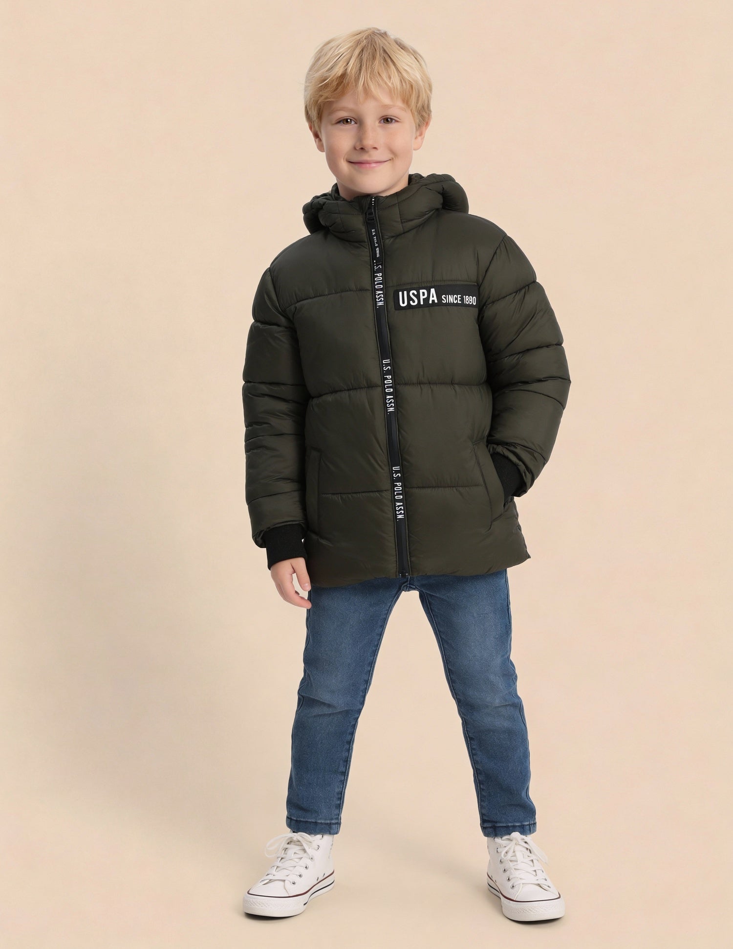 Boys Solid Regular Fit Puffer Jacket Olive - U.S. Polo Assn. India | Large