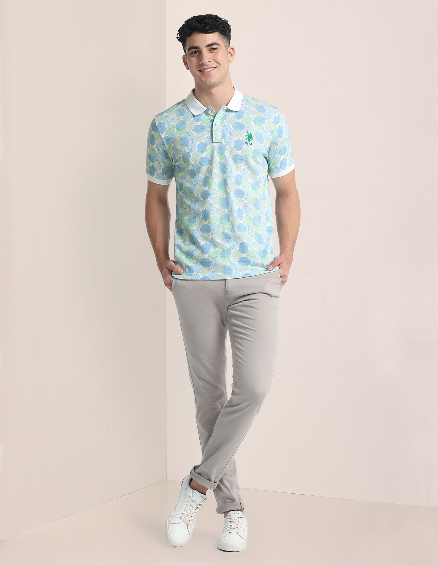 Tropical Print Slim Fit Polo Shirt Aqua - U.S. Polo Assn. India | Large
