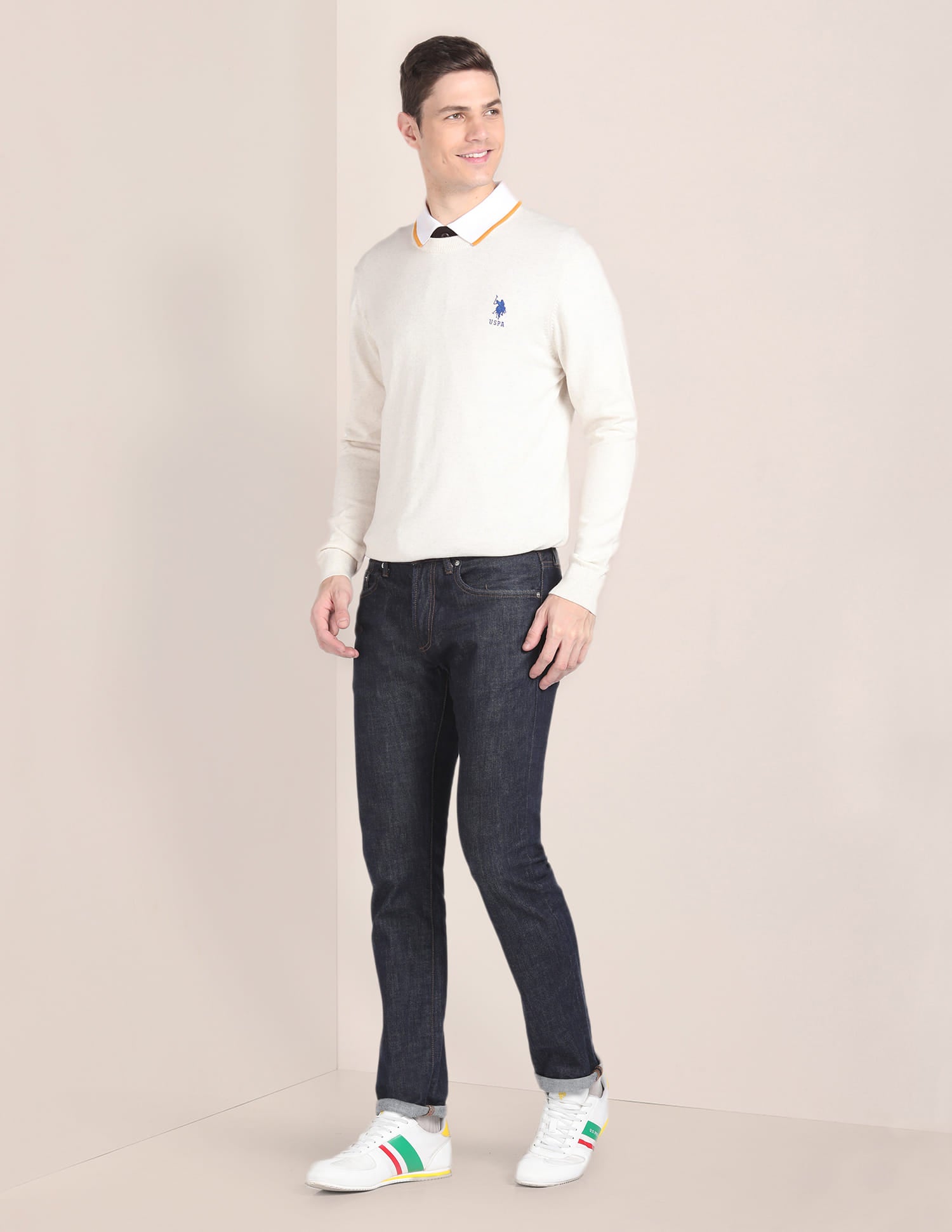 Crew Neck Solid Sweater Off-White - U.S. Polo Assn. India | Large