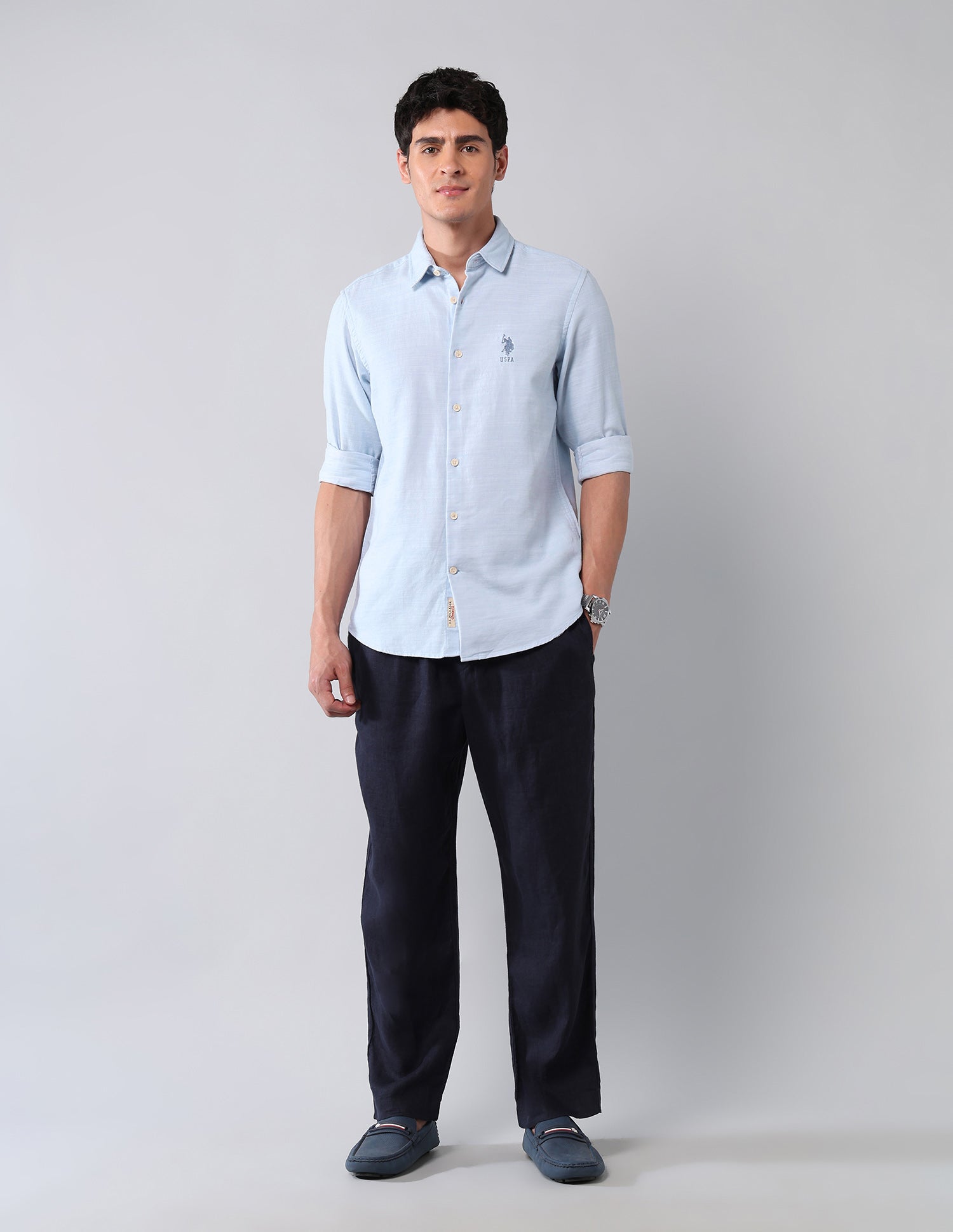 All-Over Printed Pure Cotton Shirt Light Blue - U.S. Polo Assn. India | Large