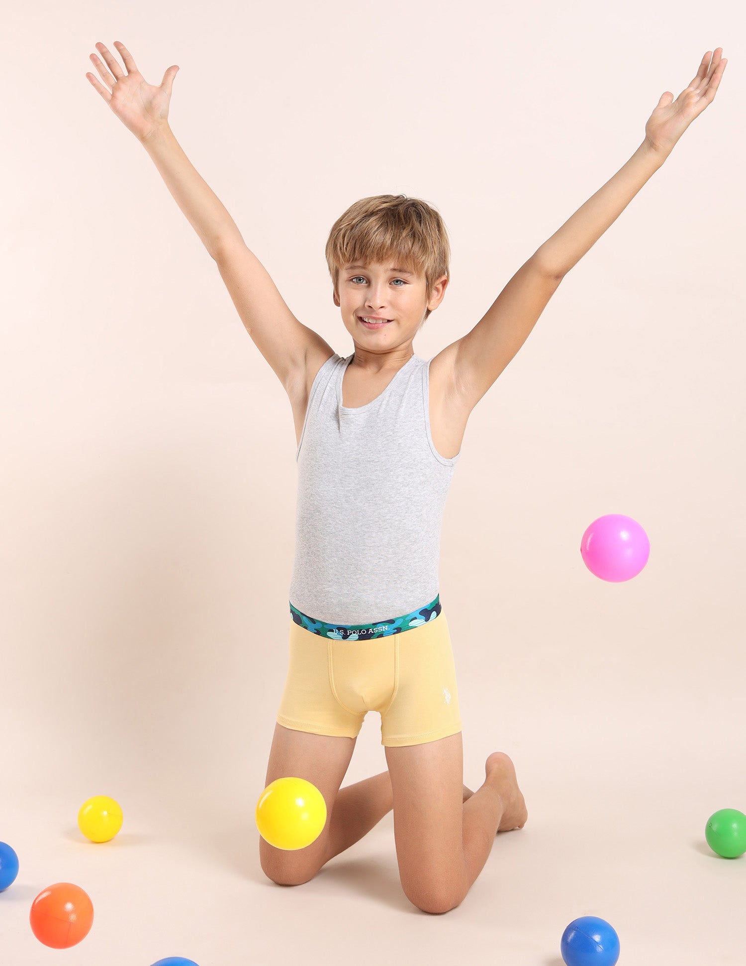 Boys Mid Rise Cotton Spandex Trunks - Pack Of 5 Grey, White, Green, Yellow and Green - U.S. POLO ASSN. | Large