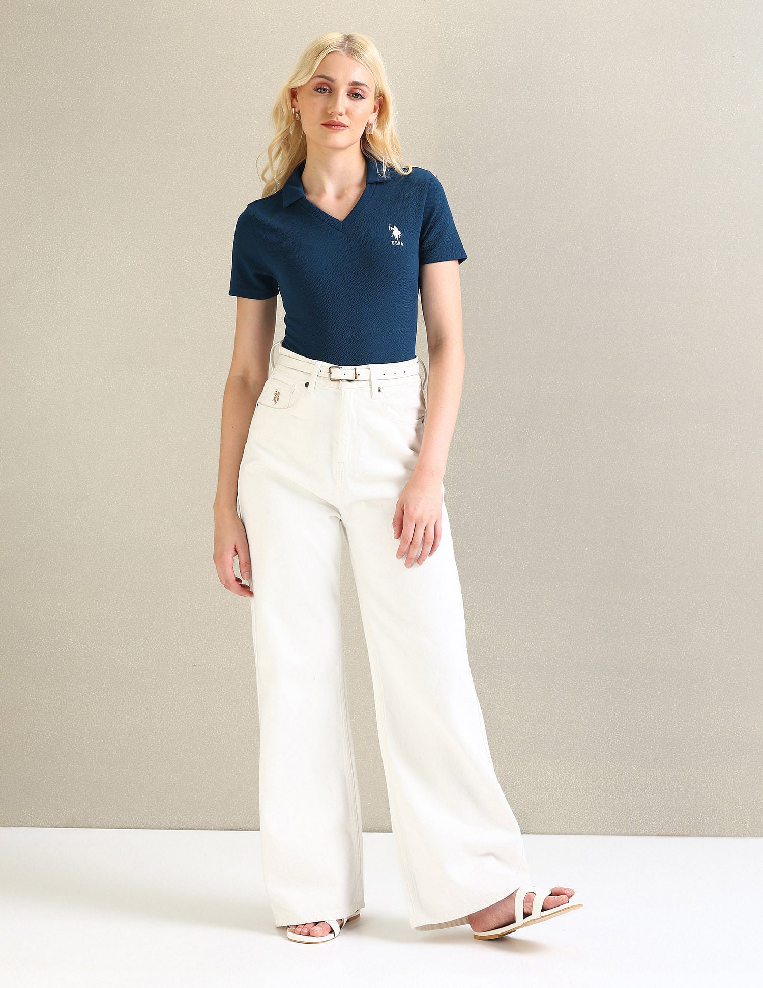 Ribbed Collar Textured Polo Shirt Teal - U.S. POLO ASSN. | Large