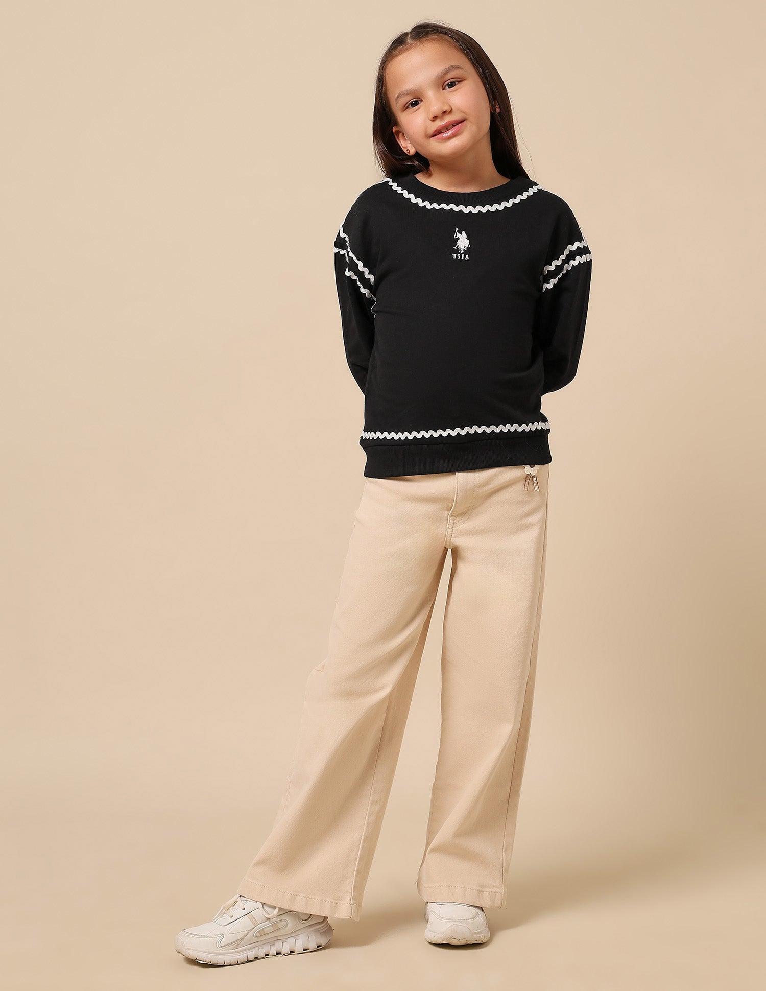 Girls Solid Lace Trim Sweatshirt Black - U.S. POLO ASSN. | Large