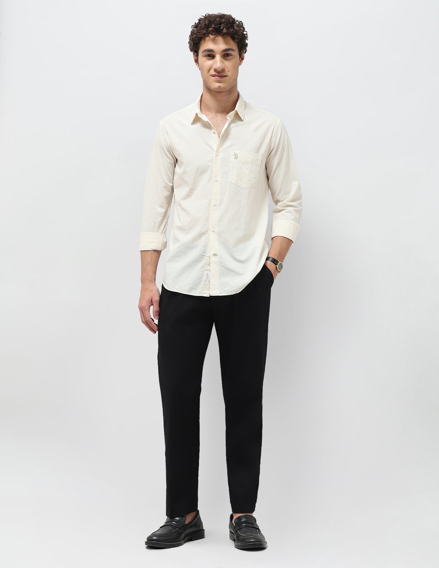Regular Fit Seersucker Shirt Ivory - U.S. Polo Assn. India | Large